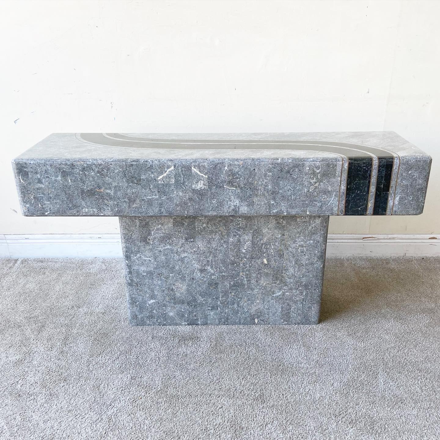 Post-Modern Postmodern Black and Gray Tessellated Stone Rectangular Console Table