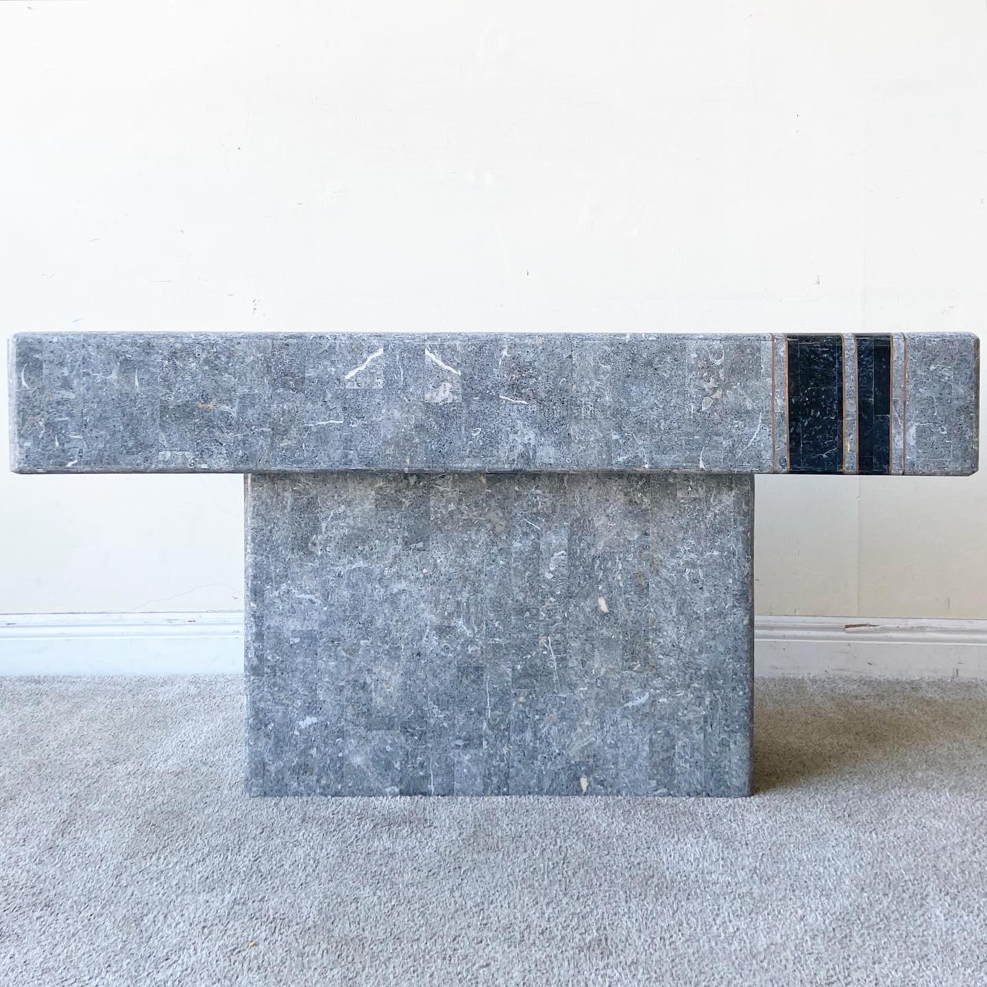 Postmodern Black and Gray Tessellated Stone Rectangular Console Table In Good Condition In Delray Beach, FL