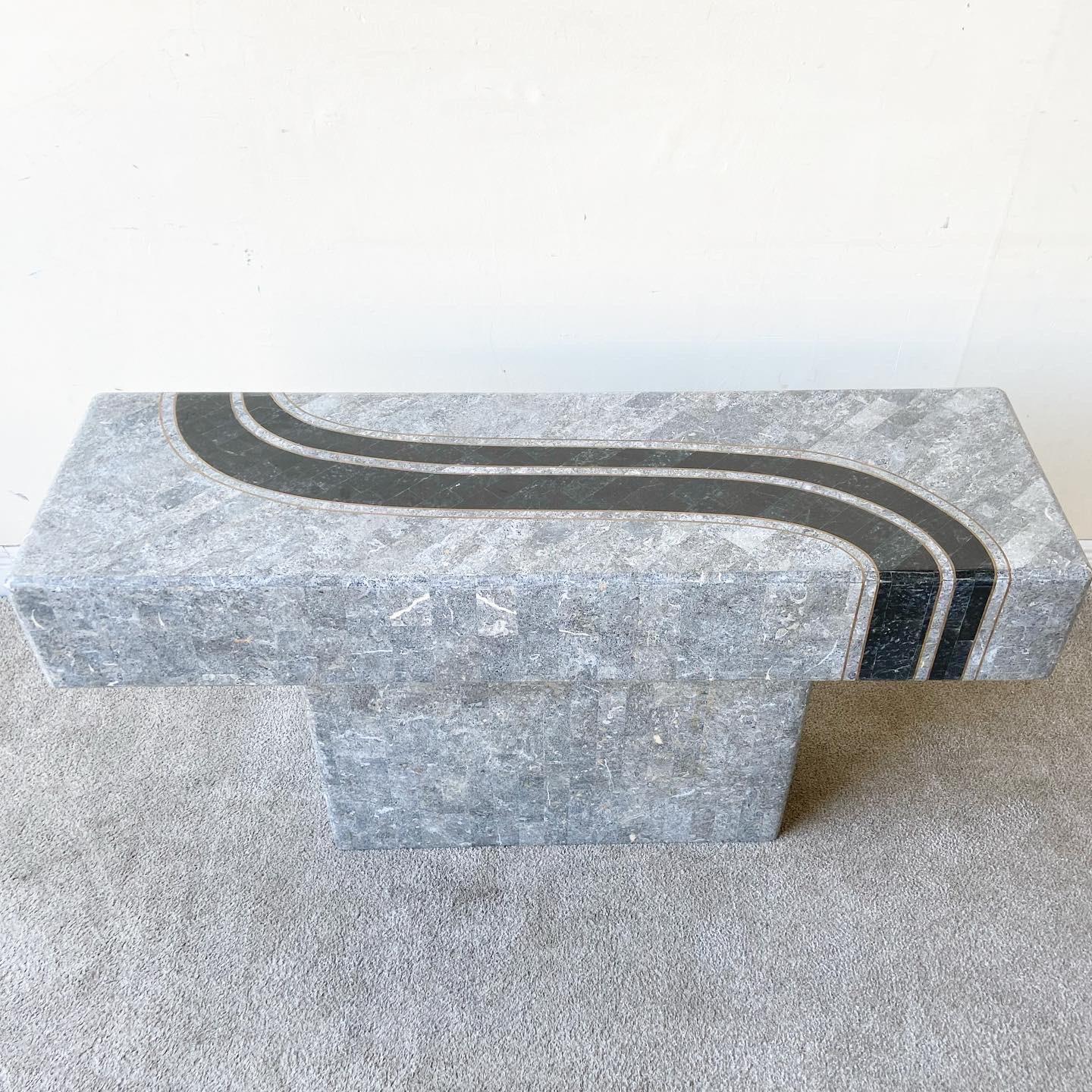 Late 20th Century Postmodern Black and Gray Tessellated Stone Rectangular Console Table