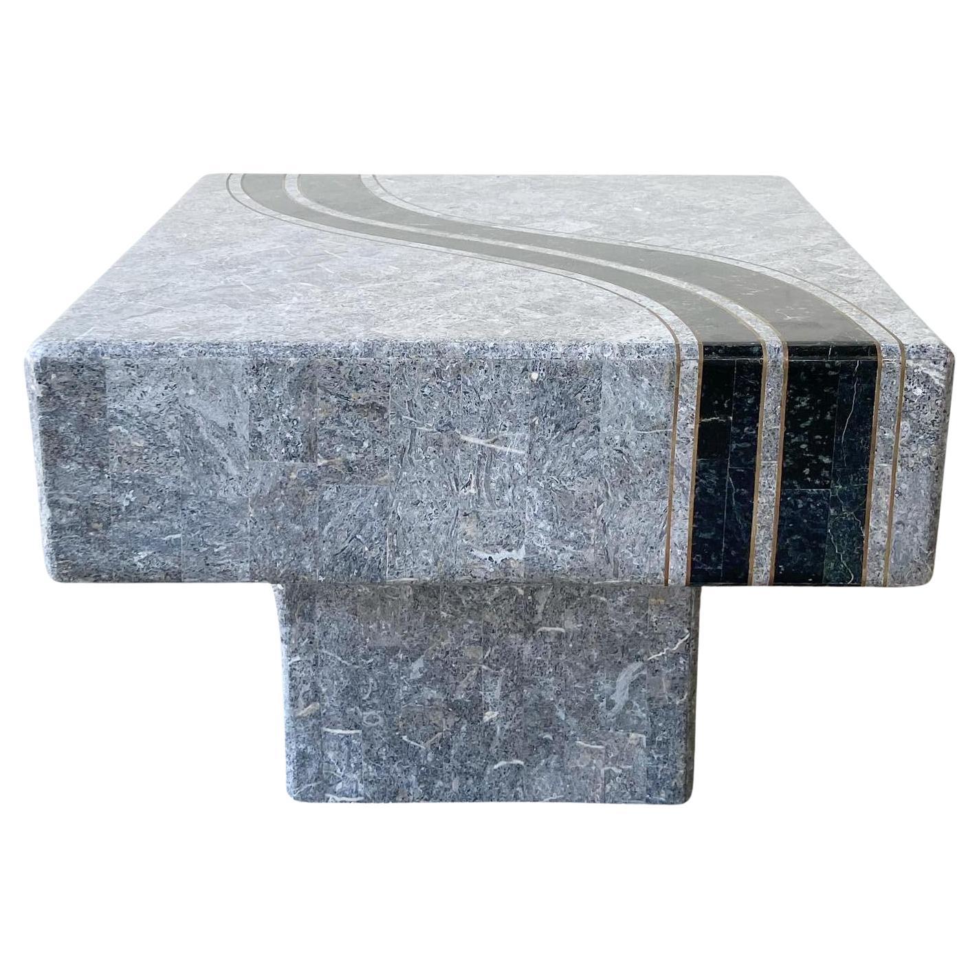 Postmodern Black and Grey Tessellated Stone Square Side Table