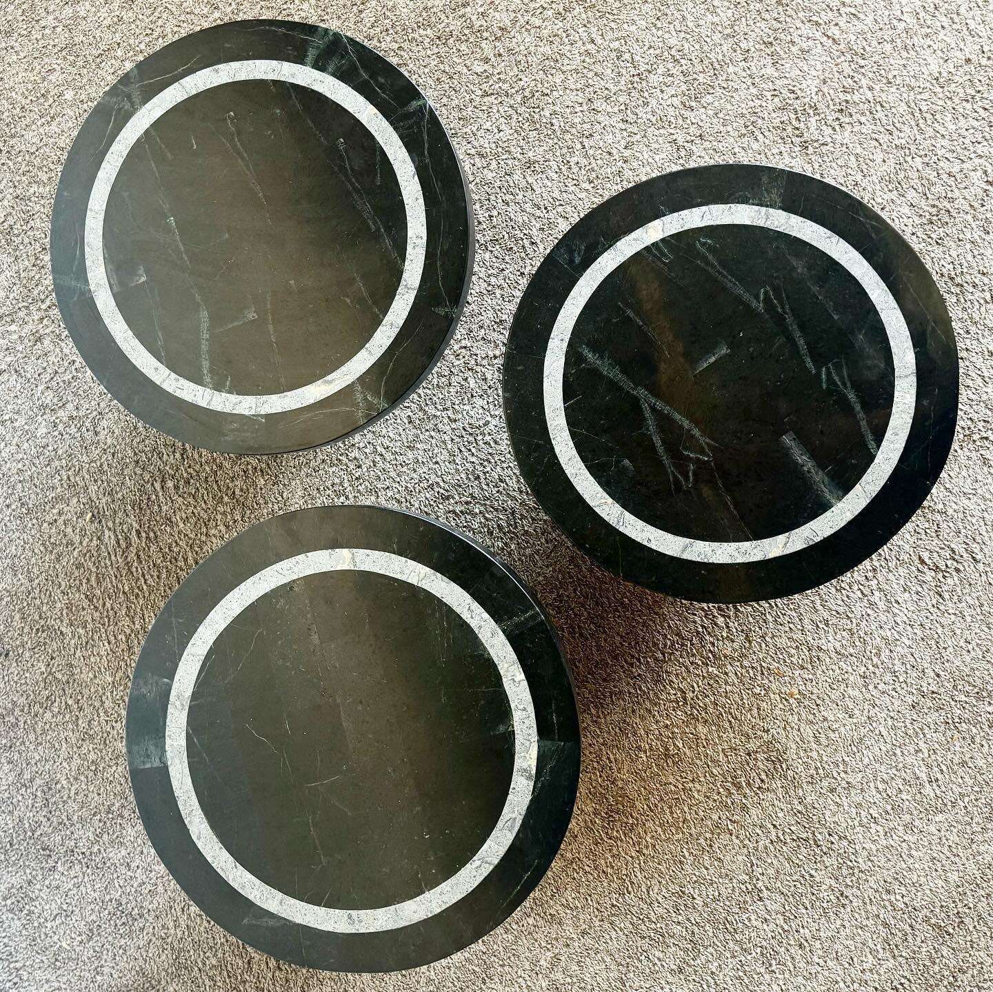Postmodern Black and Grey Tessellated Stone Circular Mushroom Nesting Tables For Sale 5