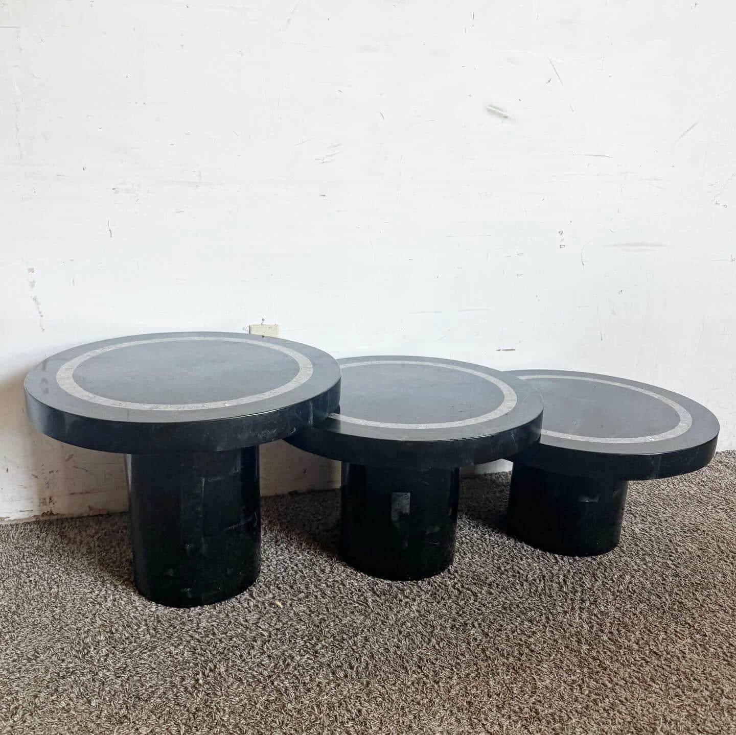 Philippine Postmodern Black and Grey Tessellated Stone Circular Mushroom Nesting Tables For Sale
