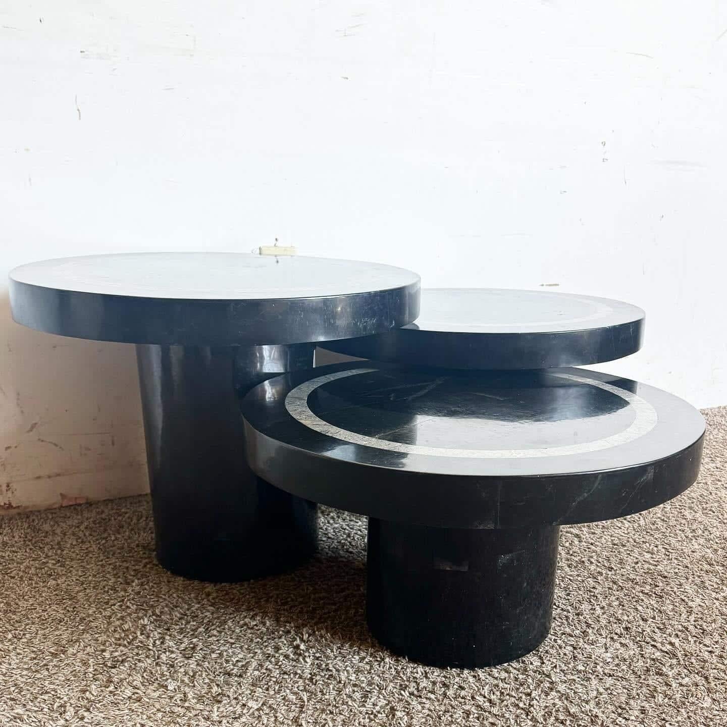 Contemporary Postmodern Black and Grey Tessellated Stone Circular Mushroom Nesting Tables For Sale
