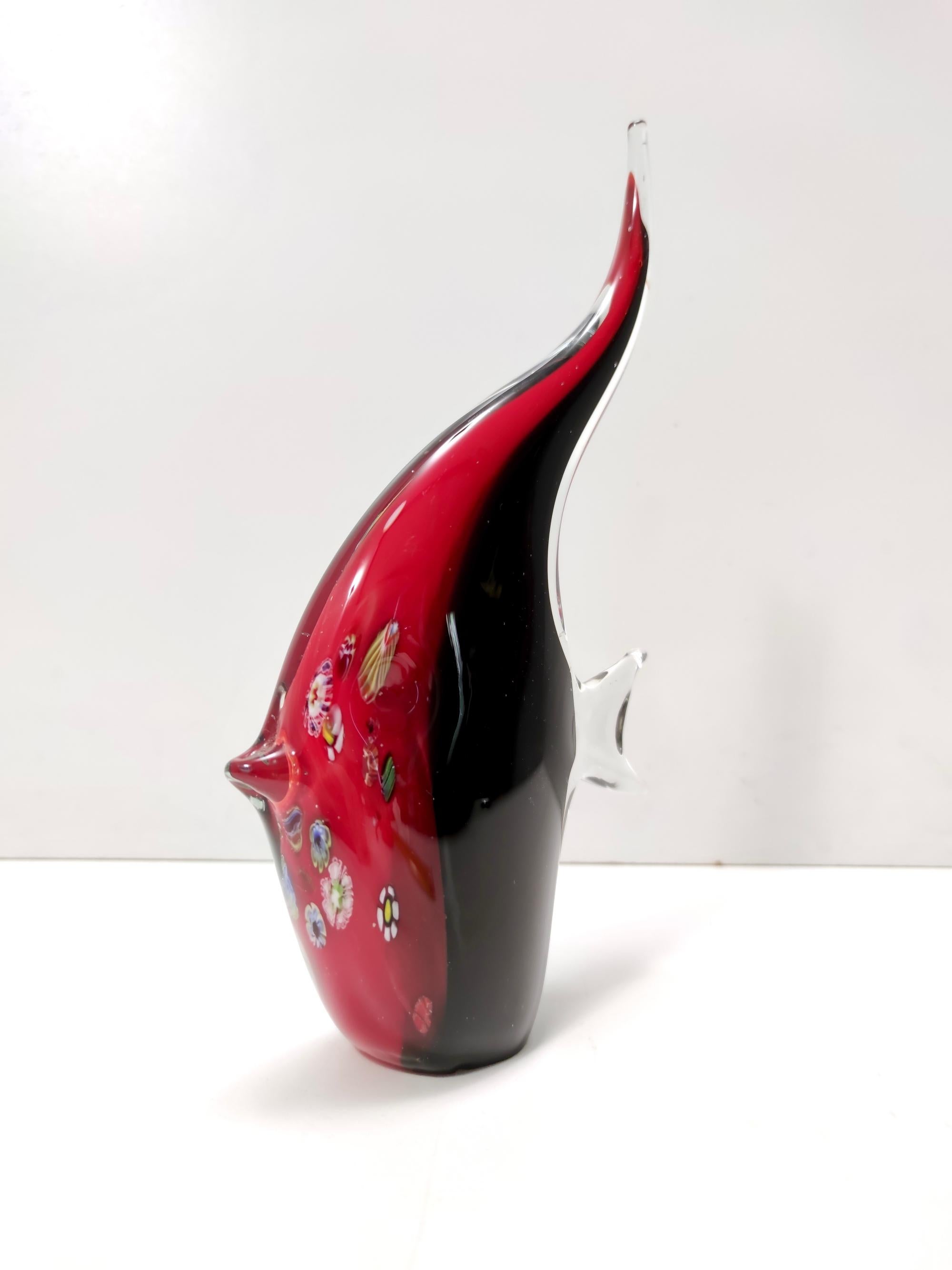 Late 20th Century Postmodern Black and Red Blown Murano Glass Fish Decorative Figure, Italy For Sale