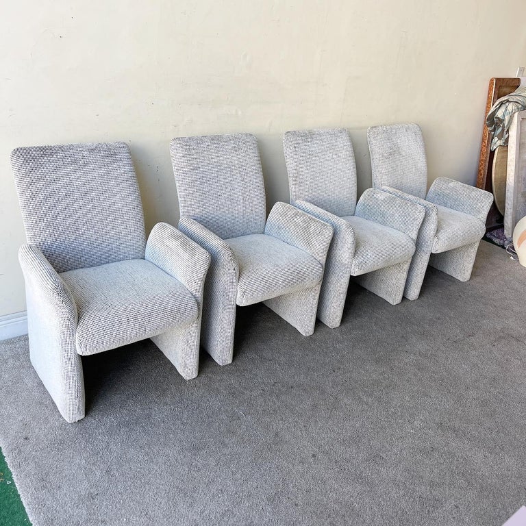 Postmodern Black and White Gridded Fabric Arm Chairs on Wheels, Set of