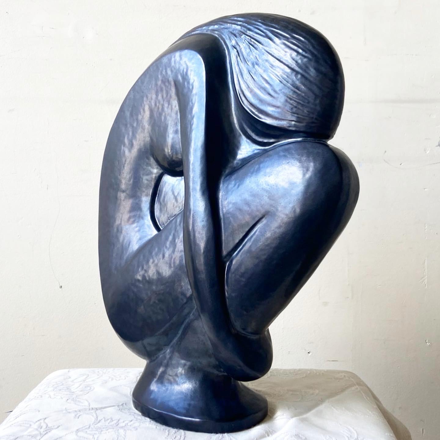 Postmodern Black Ceramic Crouching Female Sculpture In Good Condition For Sale In Delray Beach, FL