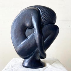 Vintage Postmodern Black Ceramic Crouching Female Sculpture