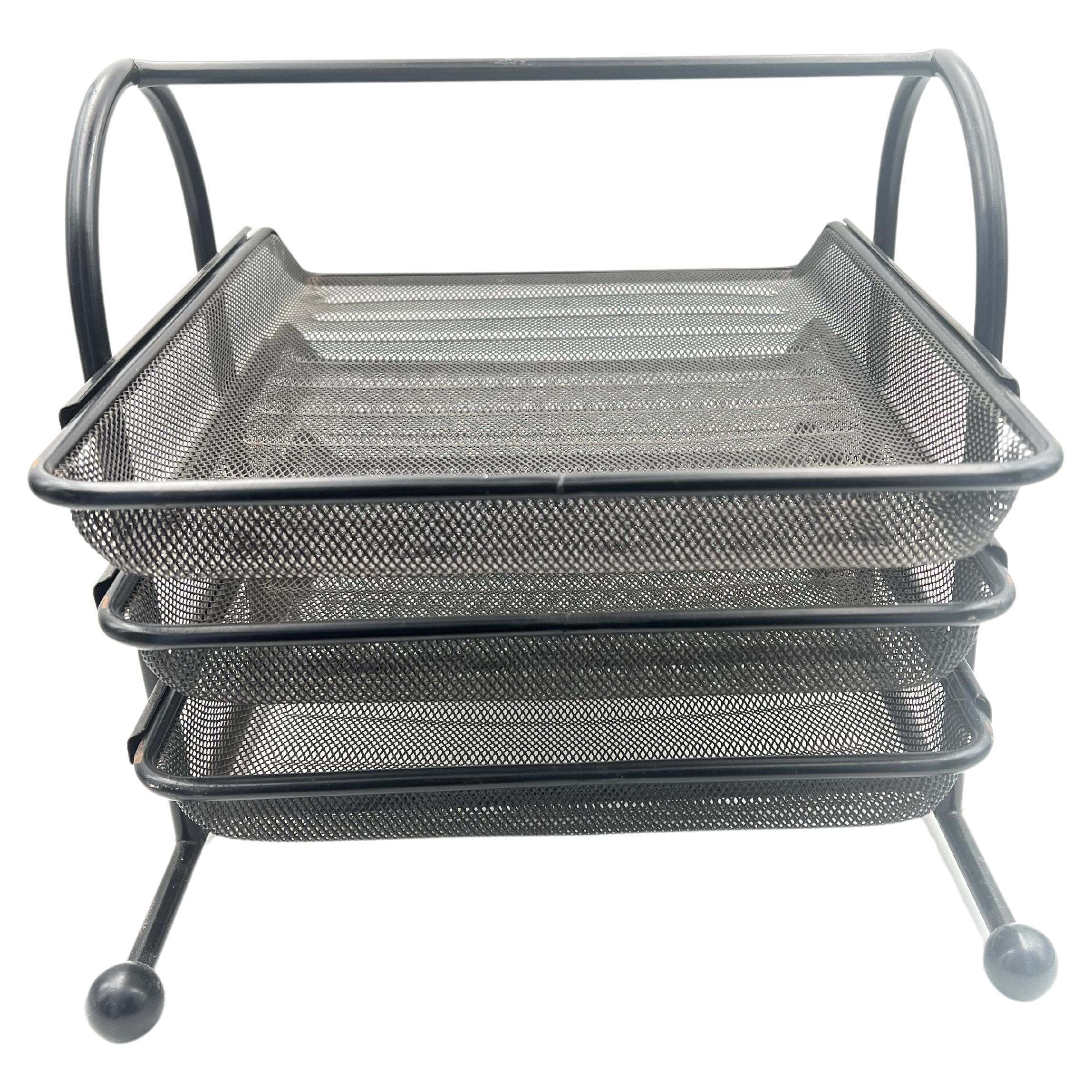 A wonderful Post-Modern black enamel perforated metal desk tray with sliding trays versatile and unique.
