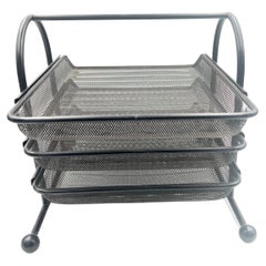 Postmodern Black Enameled Japanese Perforated Metal Letter Tray Desk Memphis Era