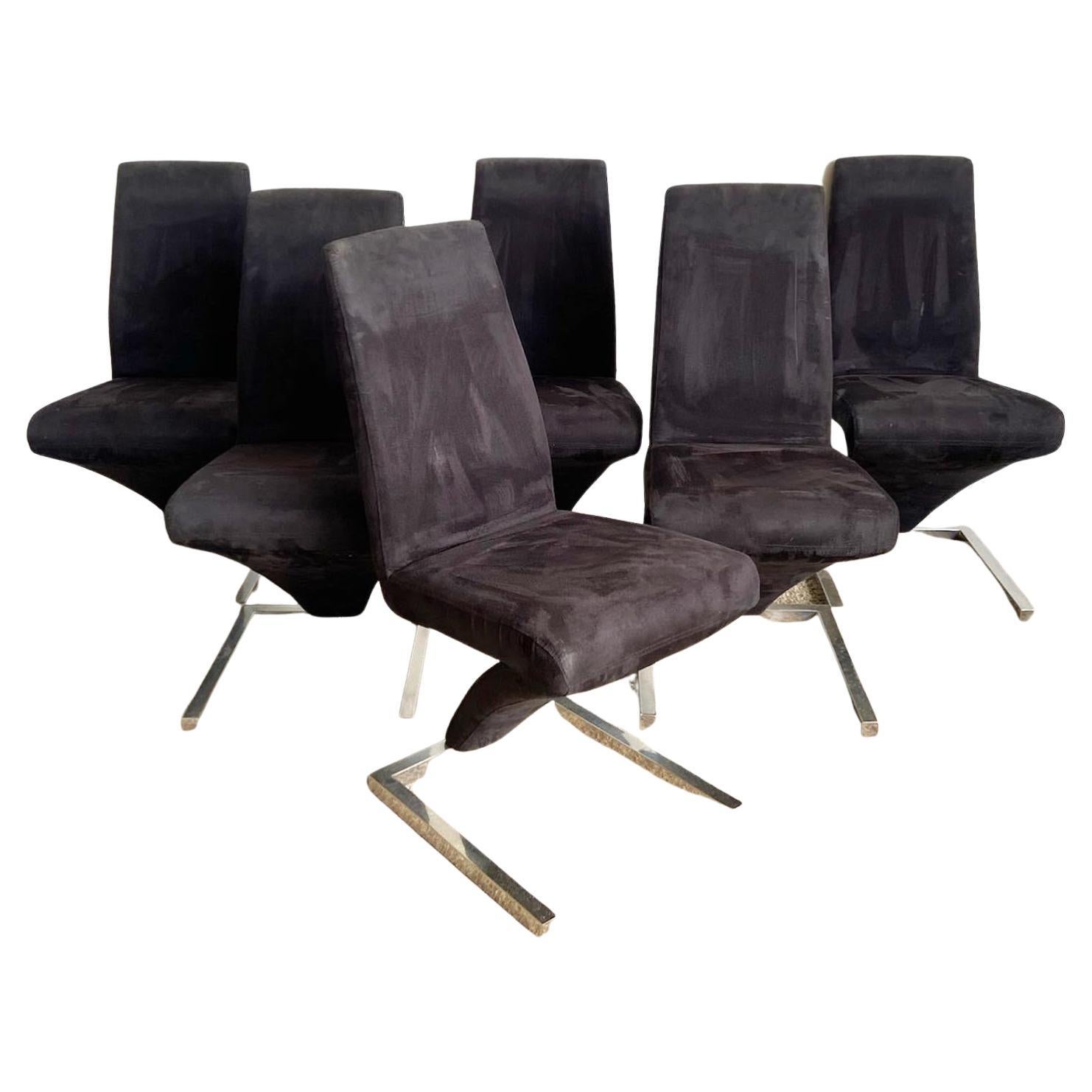 Chaises de salle à manger postmodernes en tissu noir Cantilever Zig Zag avec base chromée