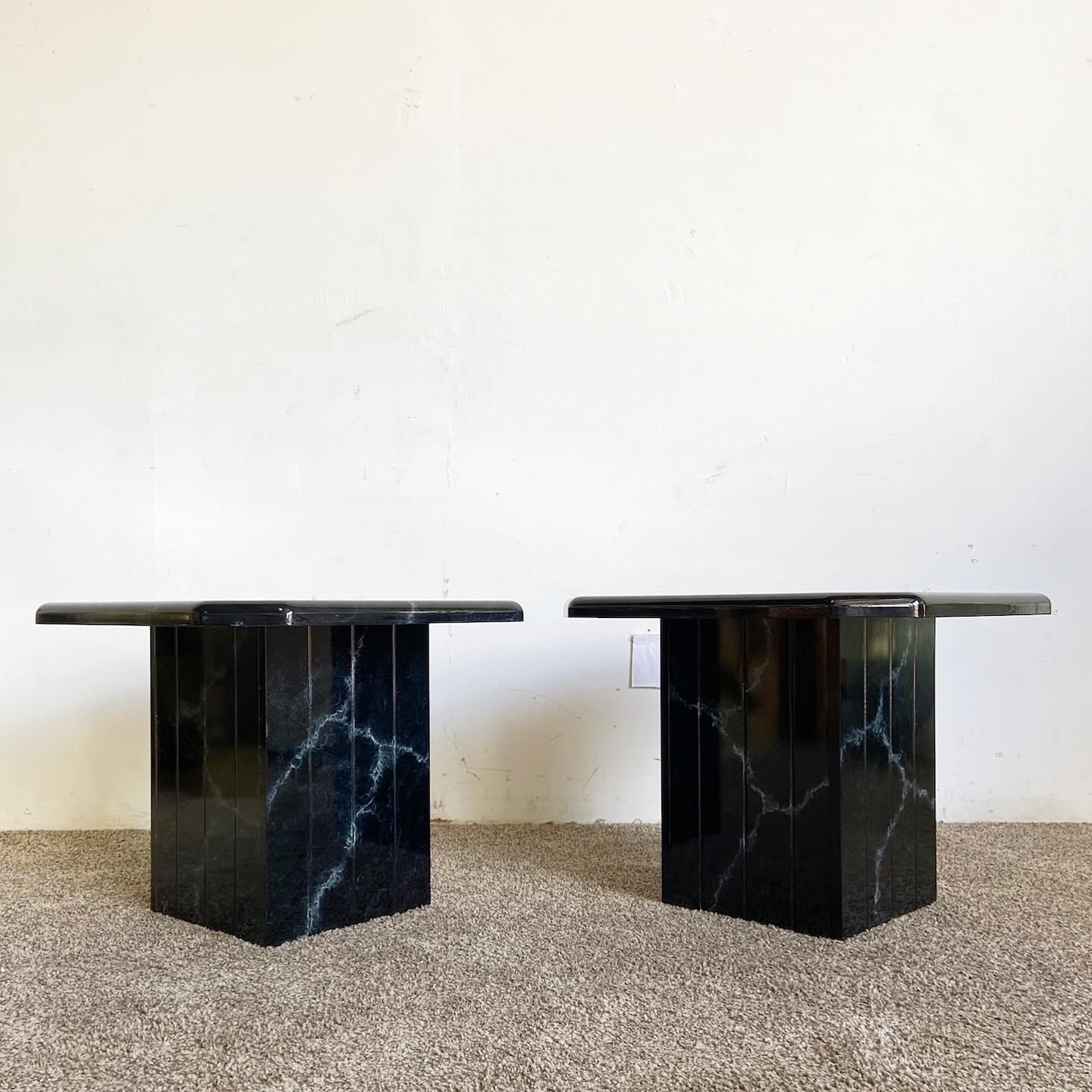 Post-Modern Postmodern Black Faux Marble Side Tables - a Pair For Sale