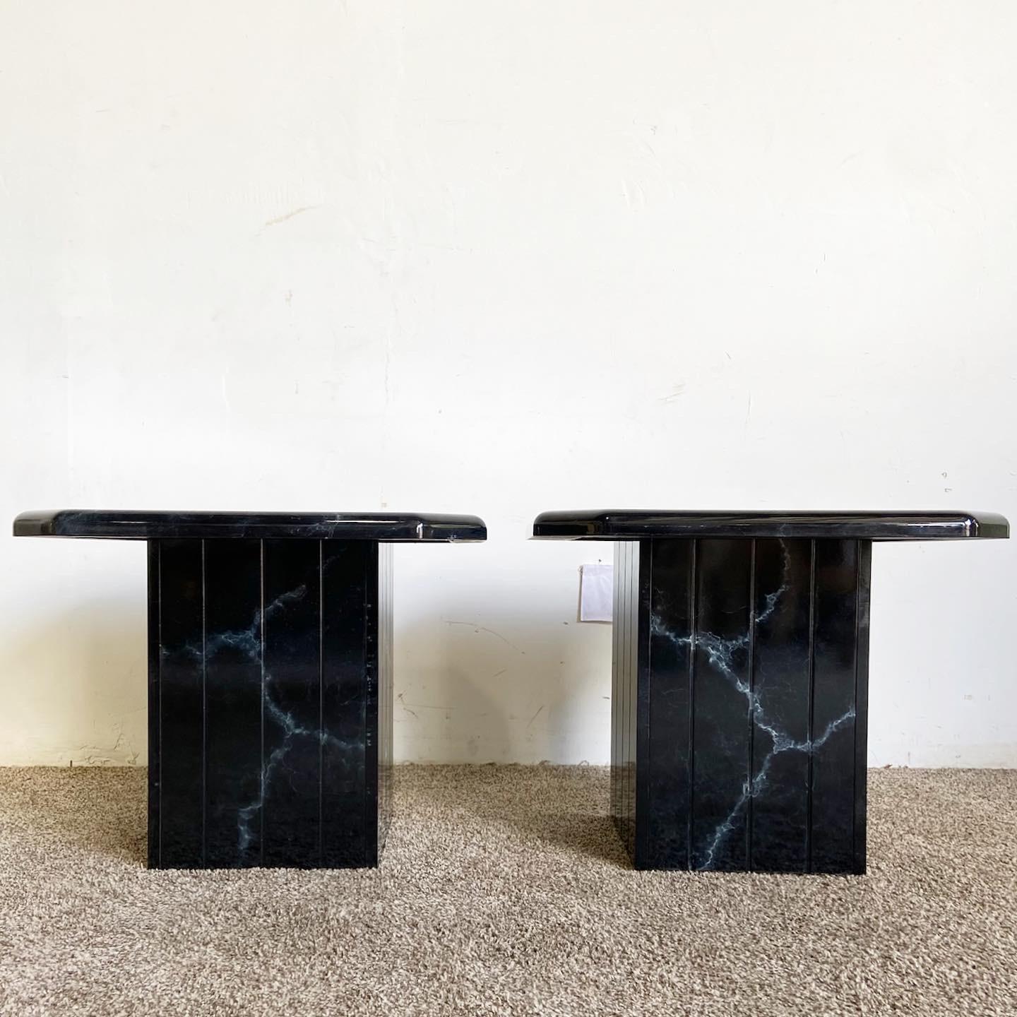 American Postmodern Black Faux Marble Side Tables - a Pair