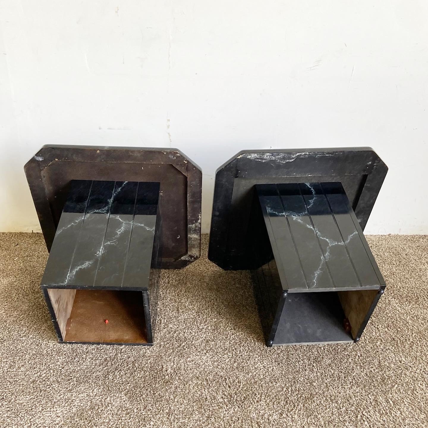 Postmodern Black Faux Marble Side Tables - a Pair In Good Condition In Delray Beach, FL