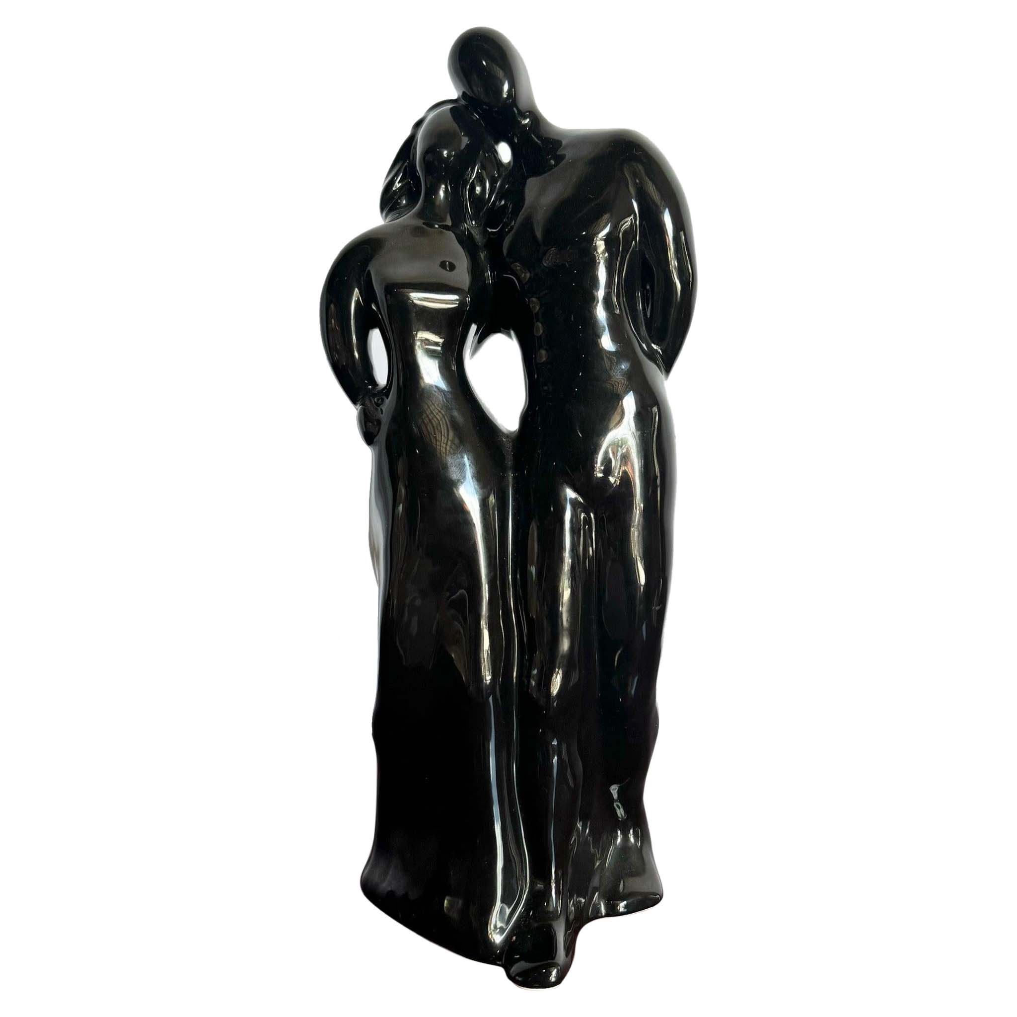 Sculpture Haeger postmoderne en verre noir, homme et femme