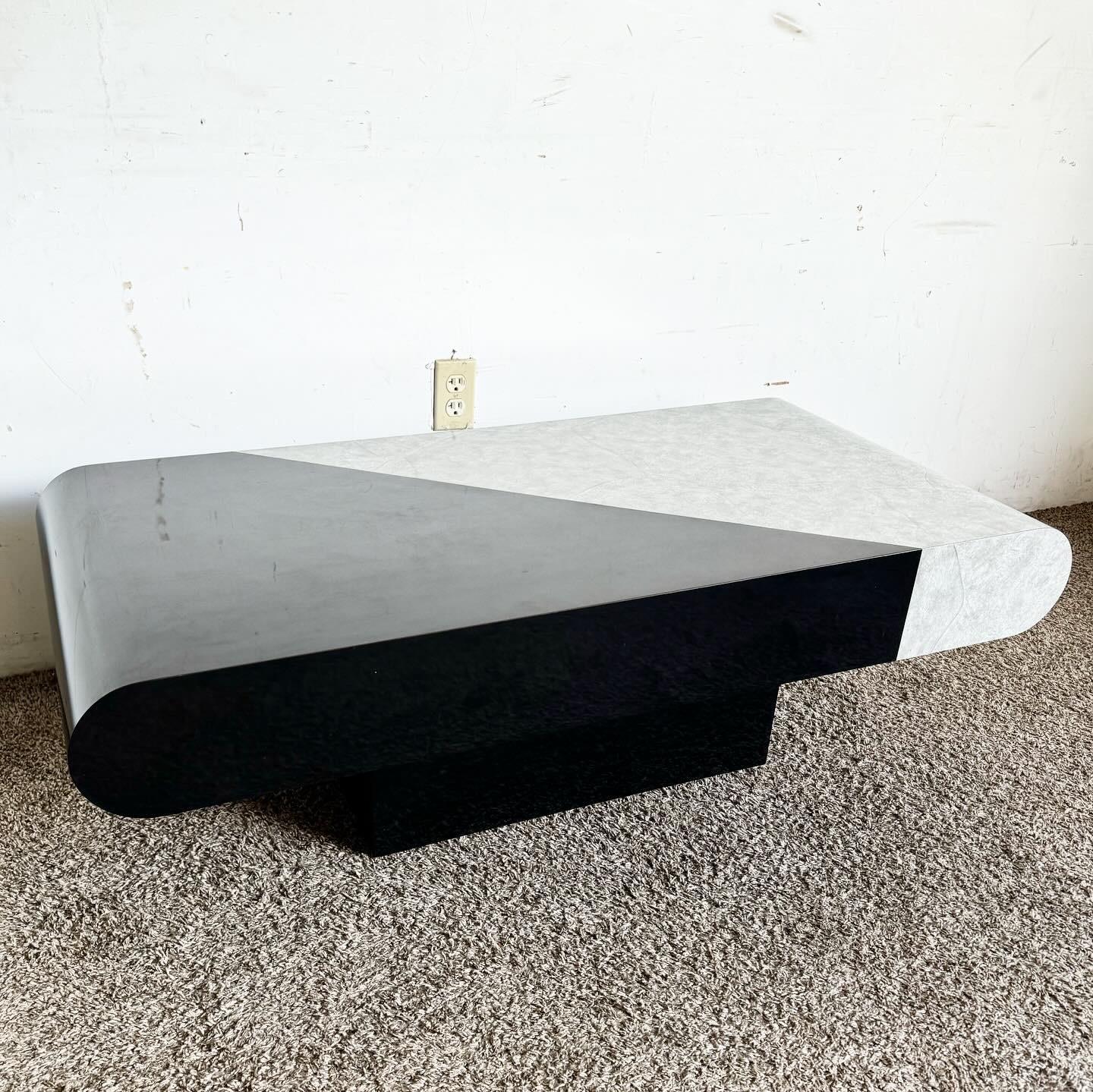 American Postmodern Black Gloss and Faux Stone Laminate Bullnose Coffee Table For Sale