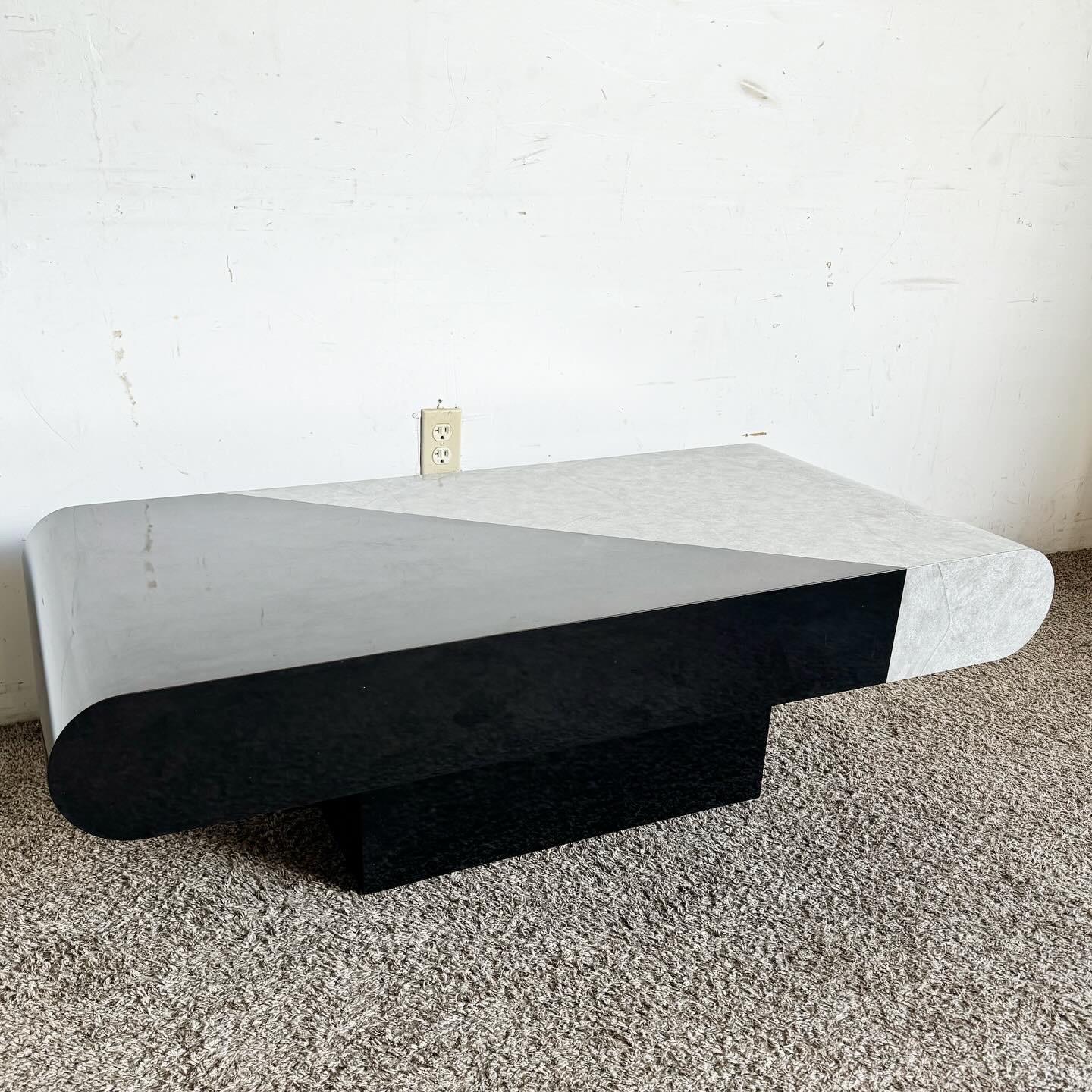 Wood Postmodern Black Gloss and Faux Stone Laminate Bullnose Coffee Table For Sale