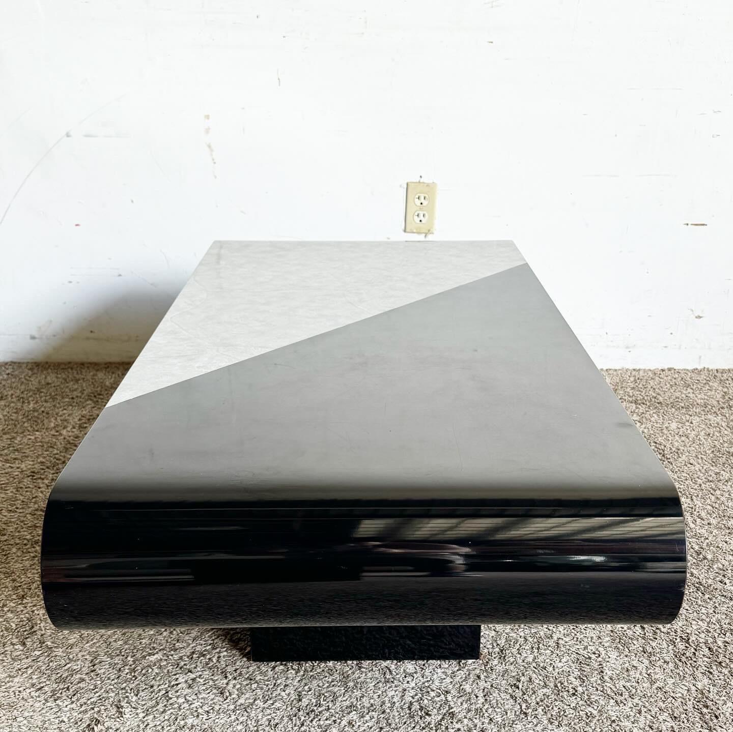 Postmodern Black Gloss and Faux Stone Laminate Bullnose Coffee Table For Sale 1