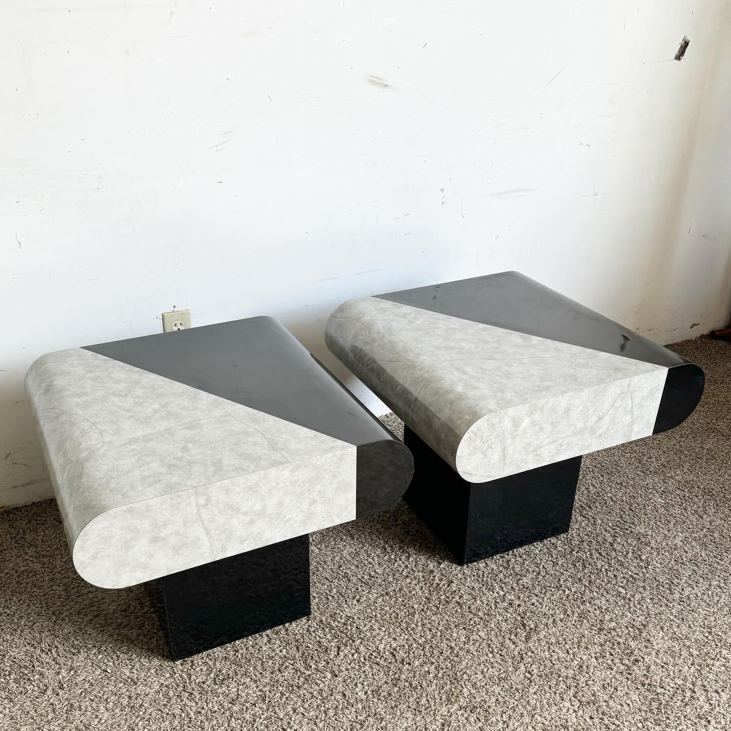 American Postmodern Black Gloss and Faux Stone Laminate Bullnose Side Tables - a Pair For Sale