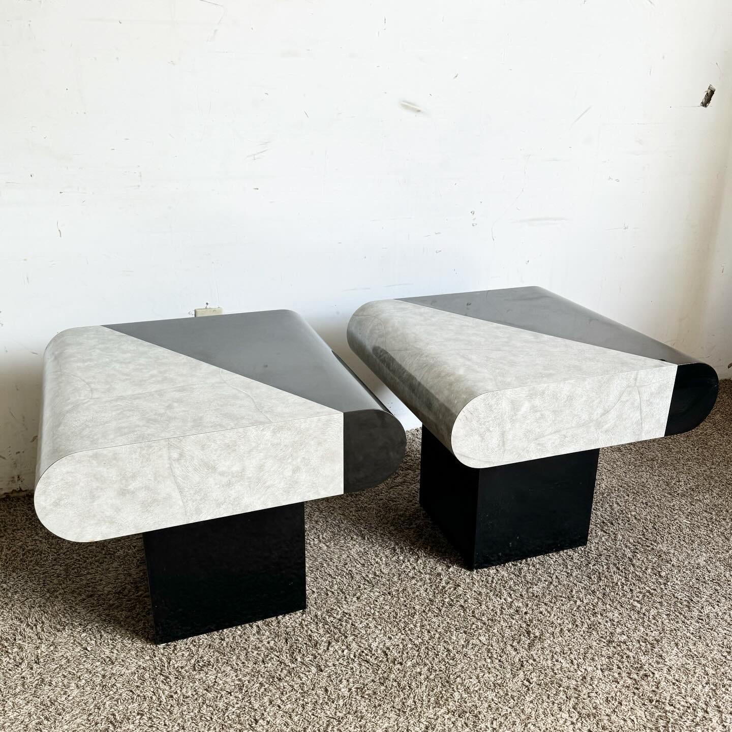 Late 20th Century Postmodern Black Gloss and Faux Stone Laminate Bullnose Side Tables - a Pair For Sale