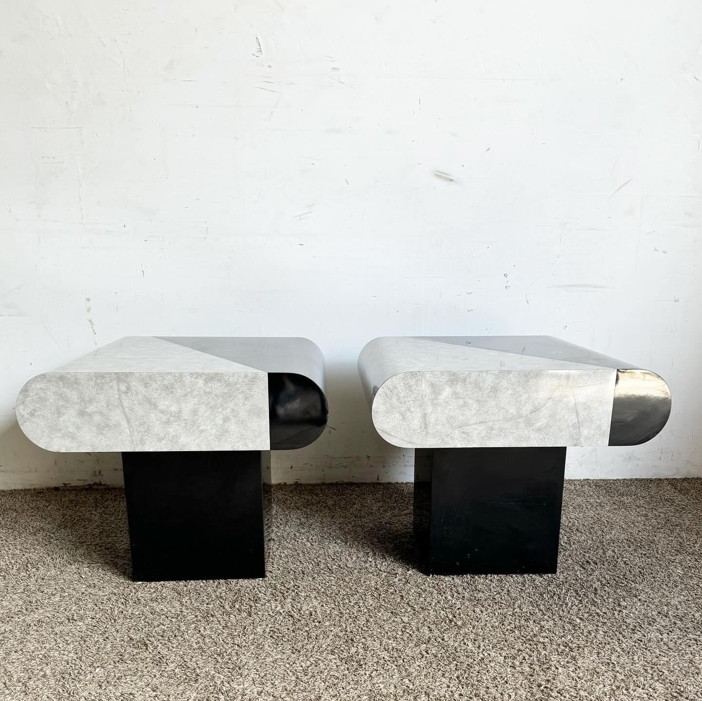 Wood Postmodern Black Gloss and Faux Stone Laminate Bullnose Side Tables - a Pair For Sale
