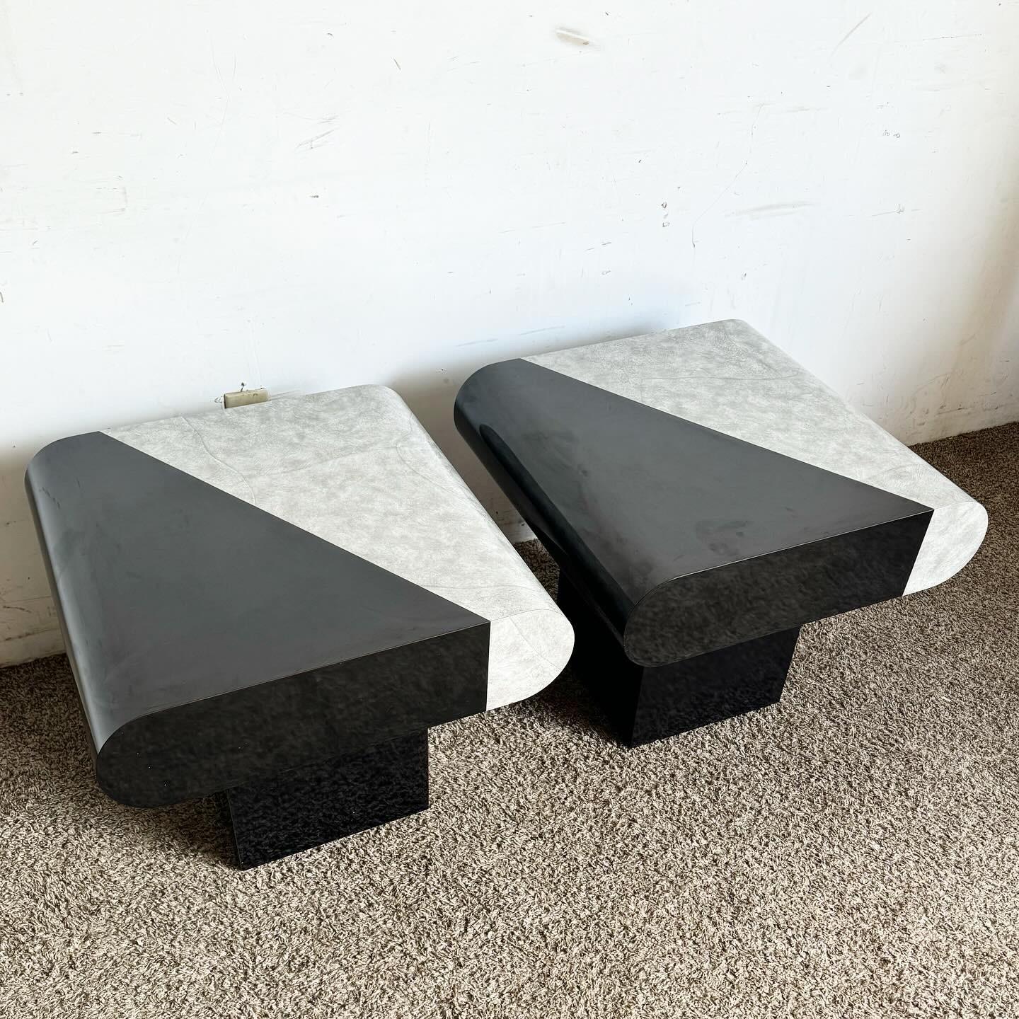 Postmodern Black Gloss and Faux Stone Laminate Bullnose Side Tables - a Pair For Sale 1