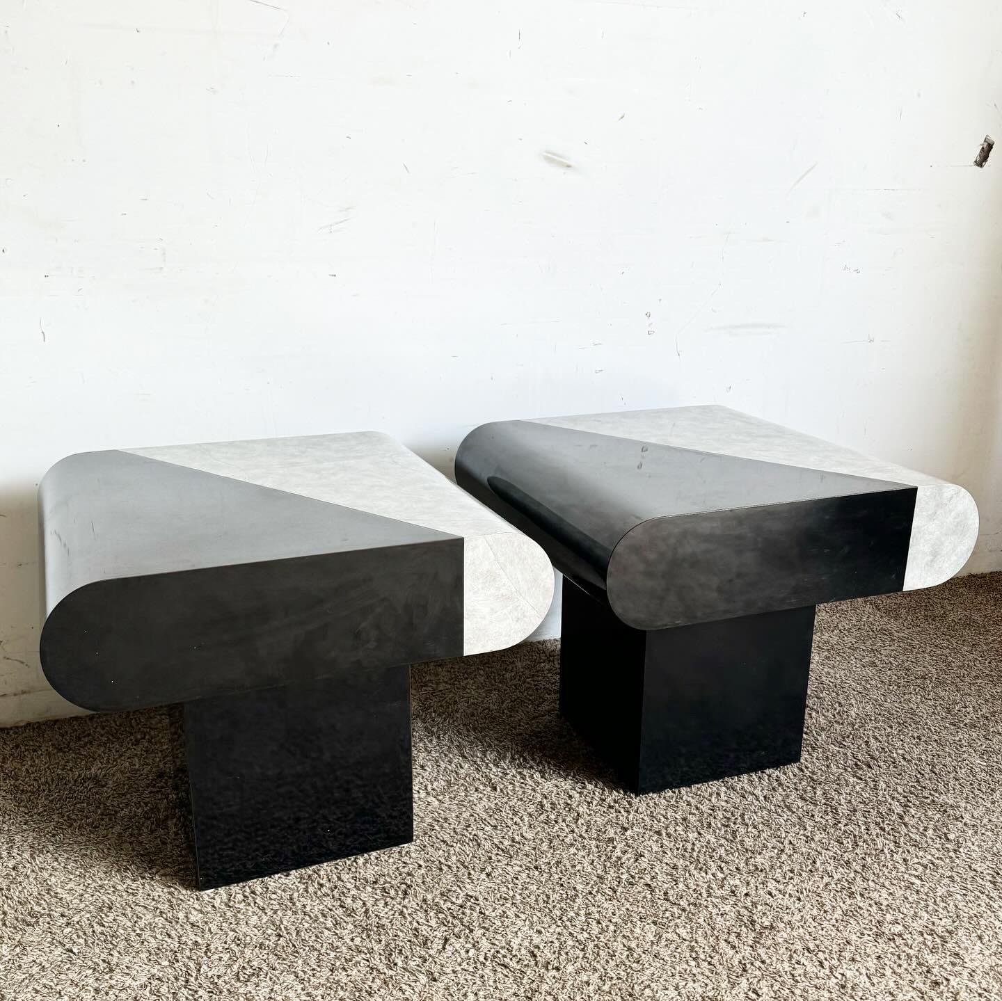 Postmodern Black Gloss and Faux Stone Laminate Bullnose Side Tables - a Pair For Sale 3