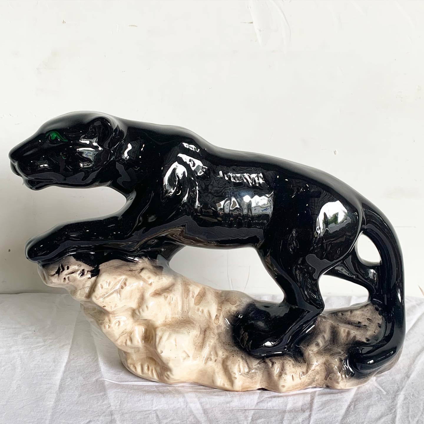 Postmodern Black Gloss Ceramic Panther Sculpture In Good Condition For Sale In Delray Beach, FL
