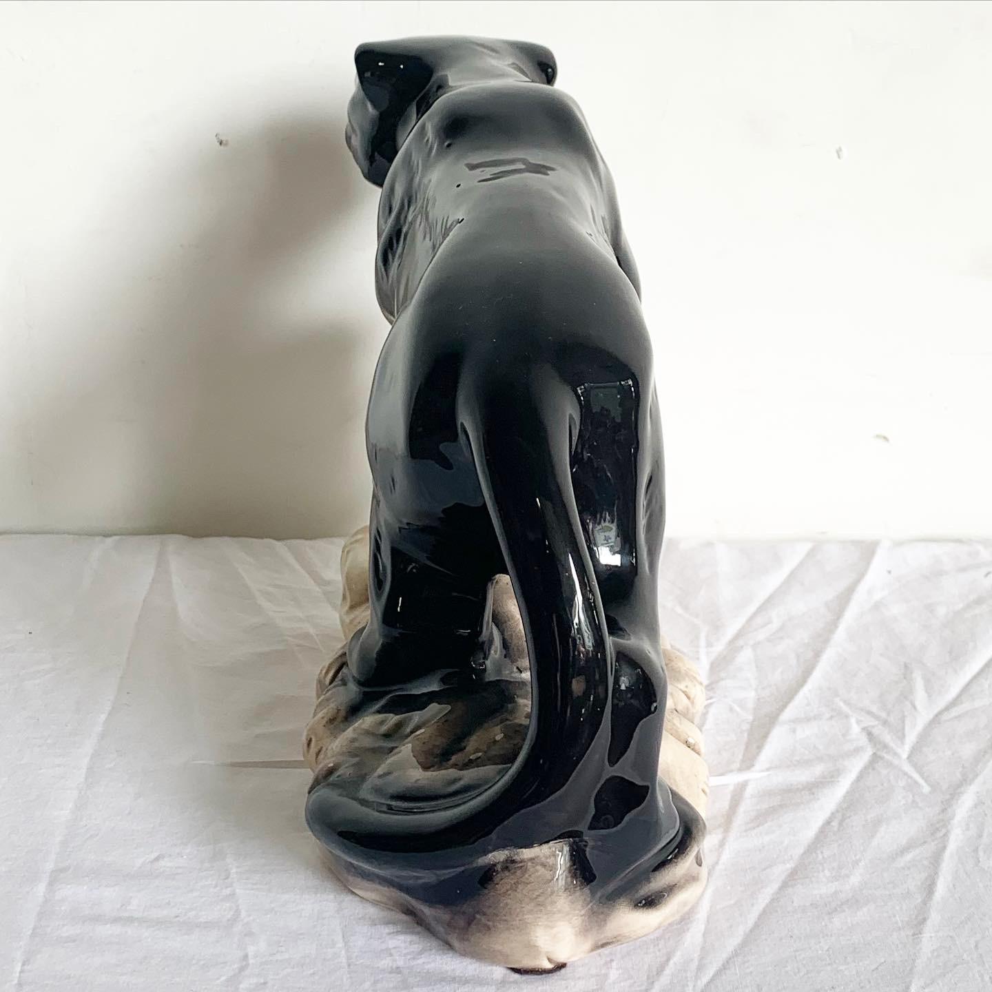 20th Century Postmodern Black Gloss Ceramic Panther Sculpture For Sale