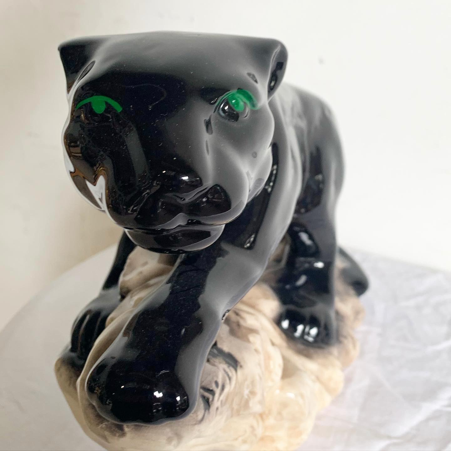 Postmodern Black Gloss Ceramic Panther Sculpture For Sale 1
