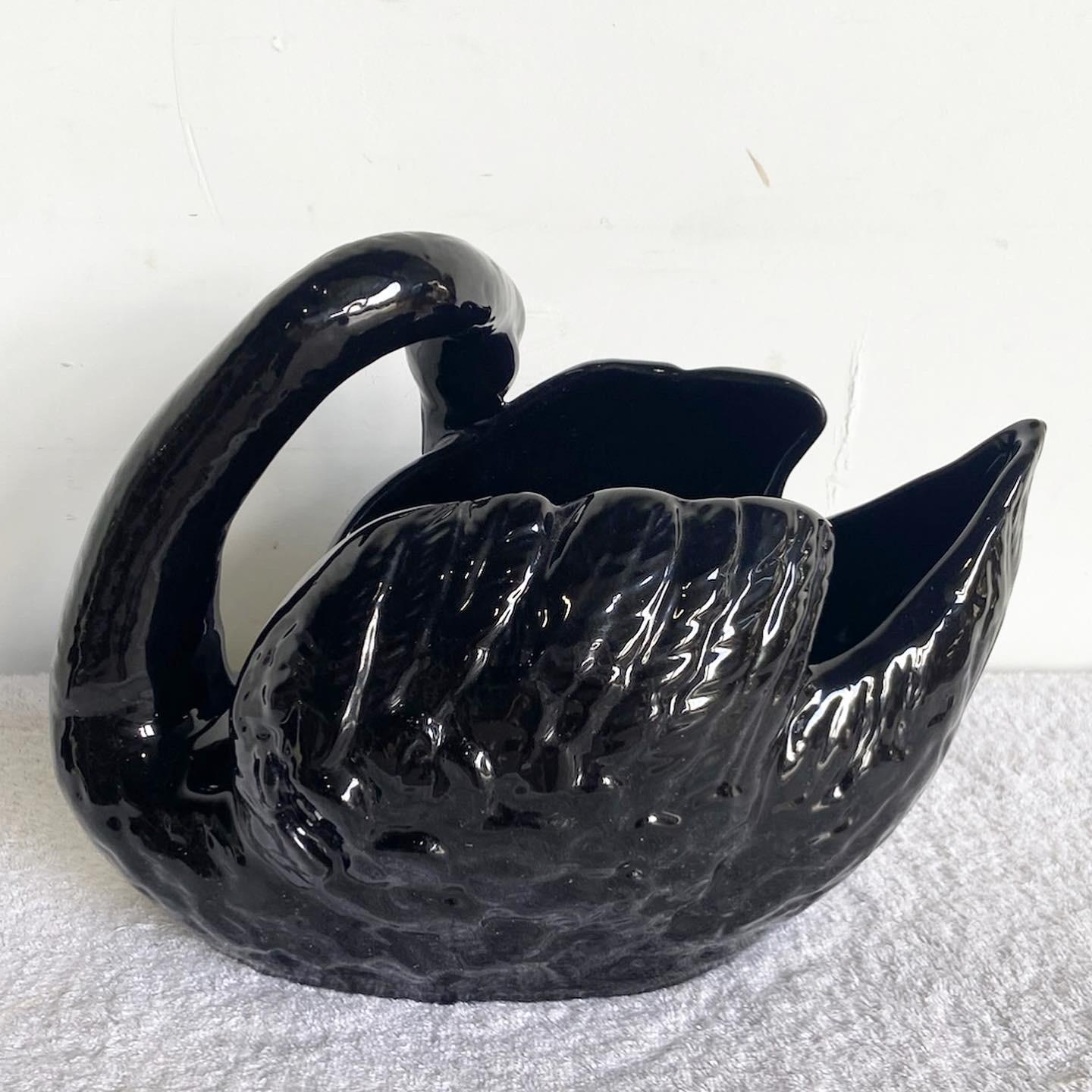Postmodern Black Gloss Ceramic Swan Dish In Good Condition In Delray Beach, FL