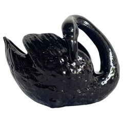 Vintage Postmodern Black Gloss Ceramic Swan Dish
