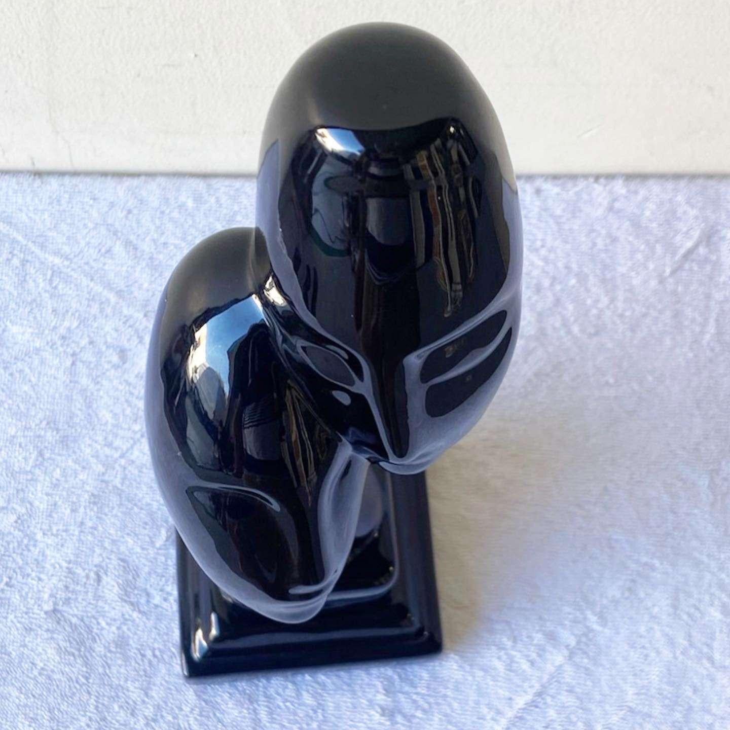 Postmodern Black Gloss Ceramic Two Headed Sculpture In Good Condition For Sale In Delray Beach, FL