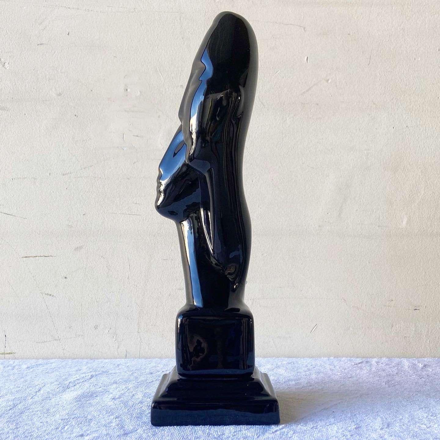 Fin du 20e siècle Sculpture postmoderne à deux têtes en céramique noire brillante en vente