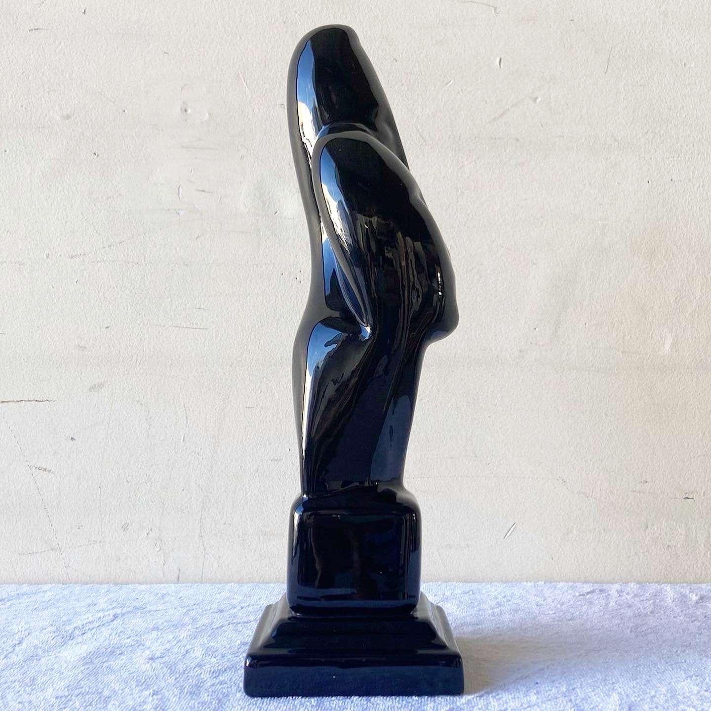 Céramique Sculpture postmoderne à deux têtes en céramique noire brillante en vente
