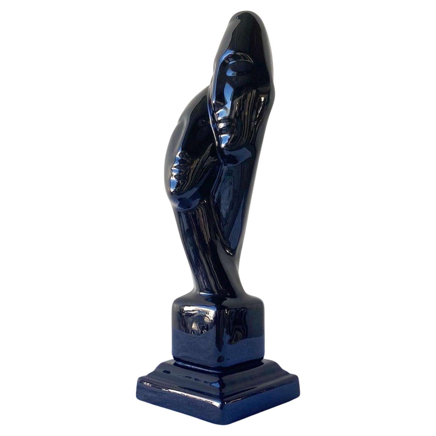 Sculpture postmoderne à deux têtes en céramique noire brillante