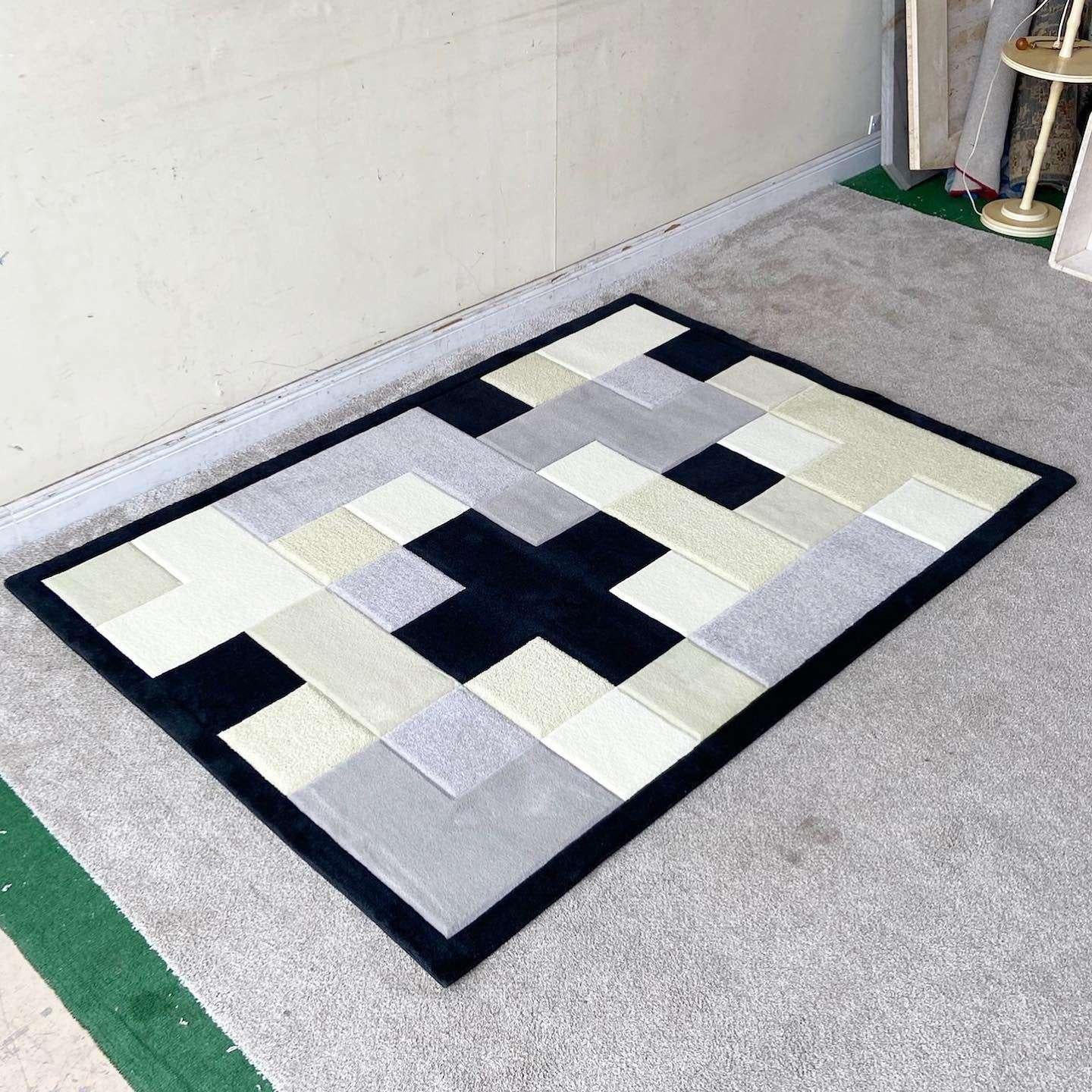 American Postmodern Black Gray Beige and Cream Tetris Area Rug For Sale