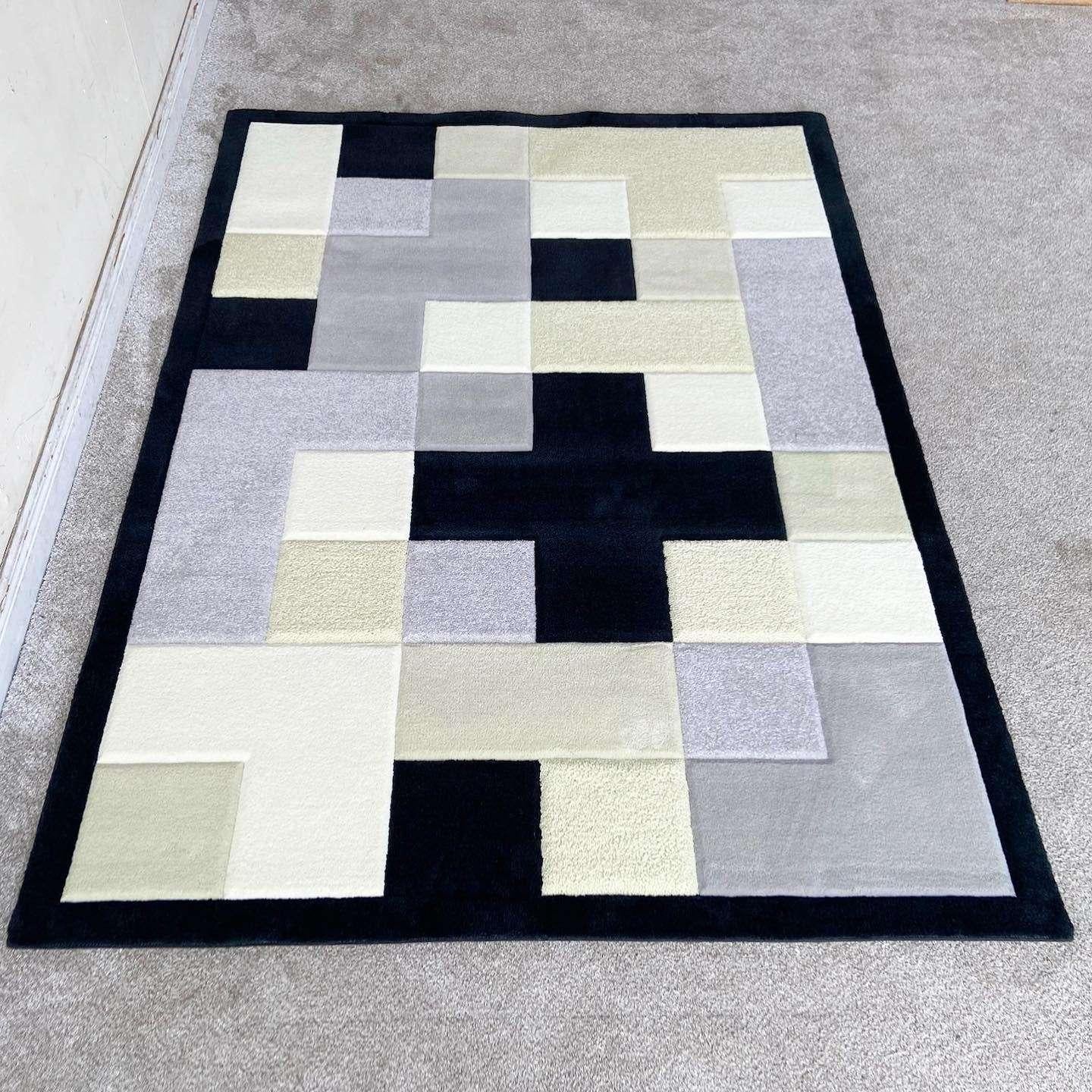 Postmodern Black Gray Beige and Cream Tetris Area Rug In Good Condition For Sale In Delray Beach, FL