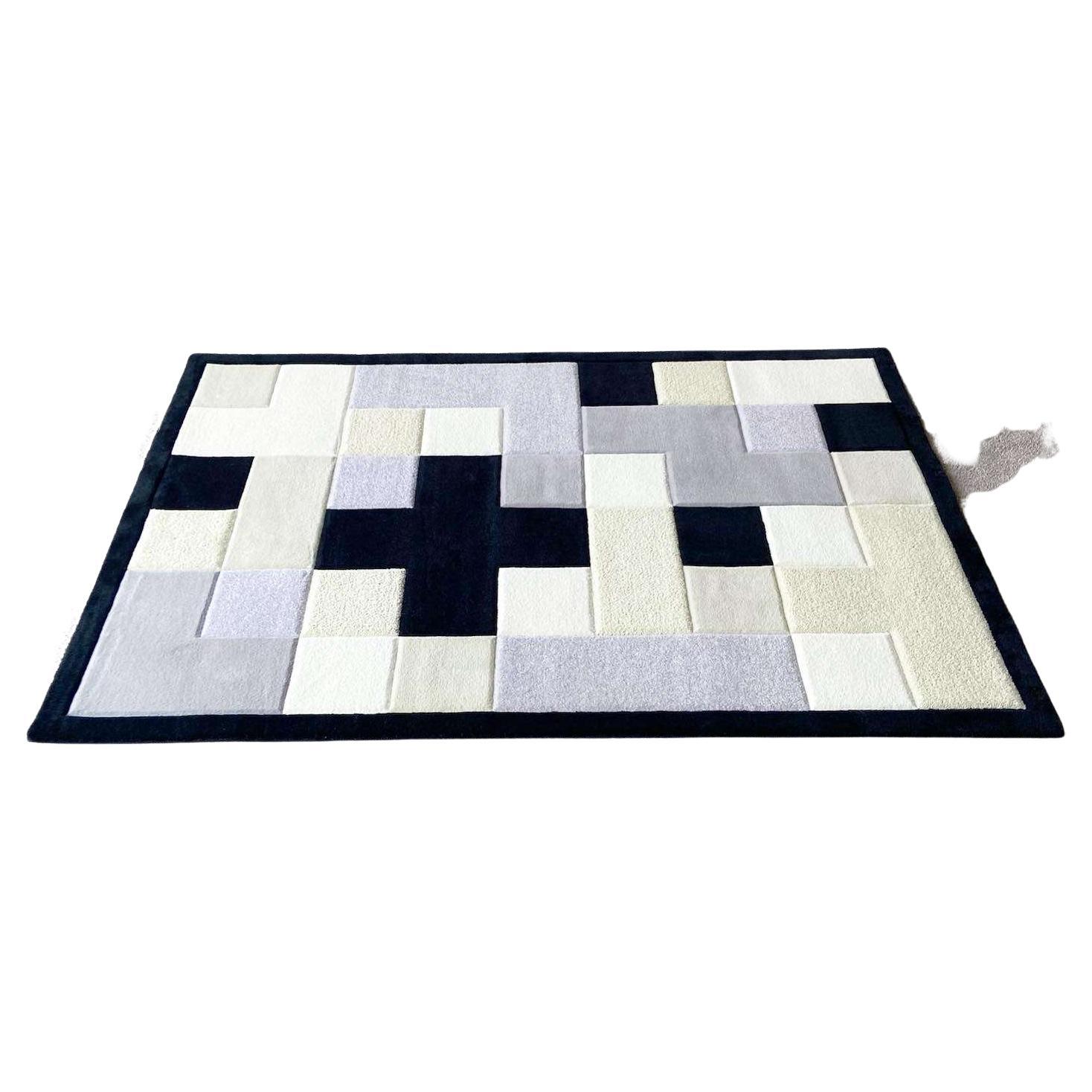 Postmodern Black Gray Beige and Cream Tetris Area Rug For Sale