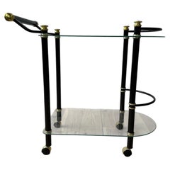 Postmodern Black Lacquer, Brass and Glass Rolling Bar Cart, circa 1980