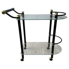 Postmodern Black Lacquer, Brass and Glass Rolling Bar Cart, circa 1980
