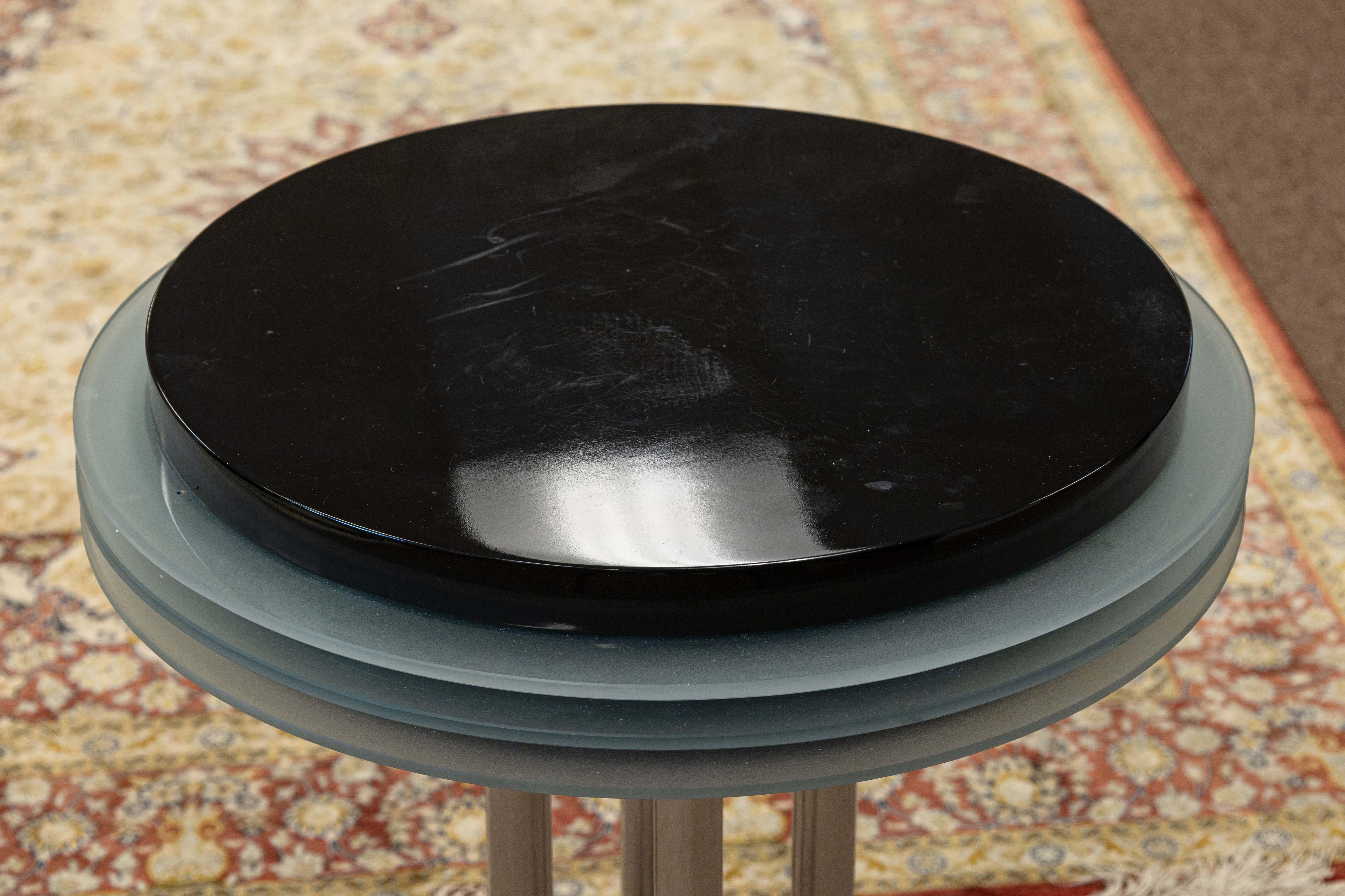 American Postmodern Black Lacquer Chrome and Glass Round Circular Pedestal Side End Table