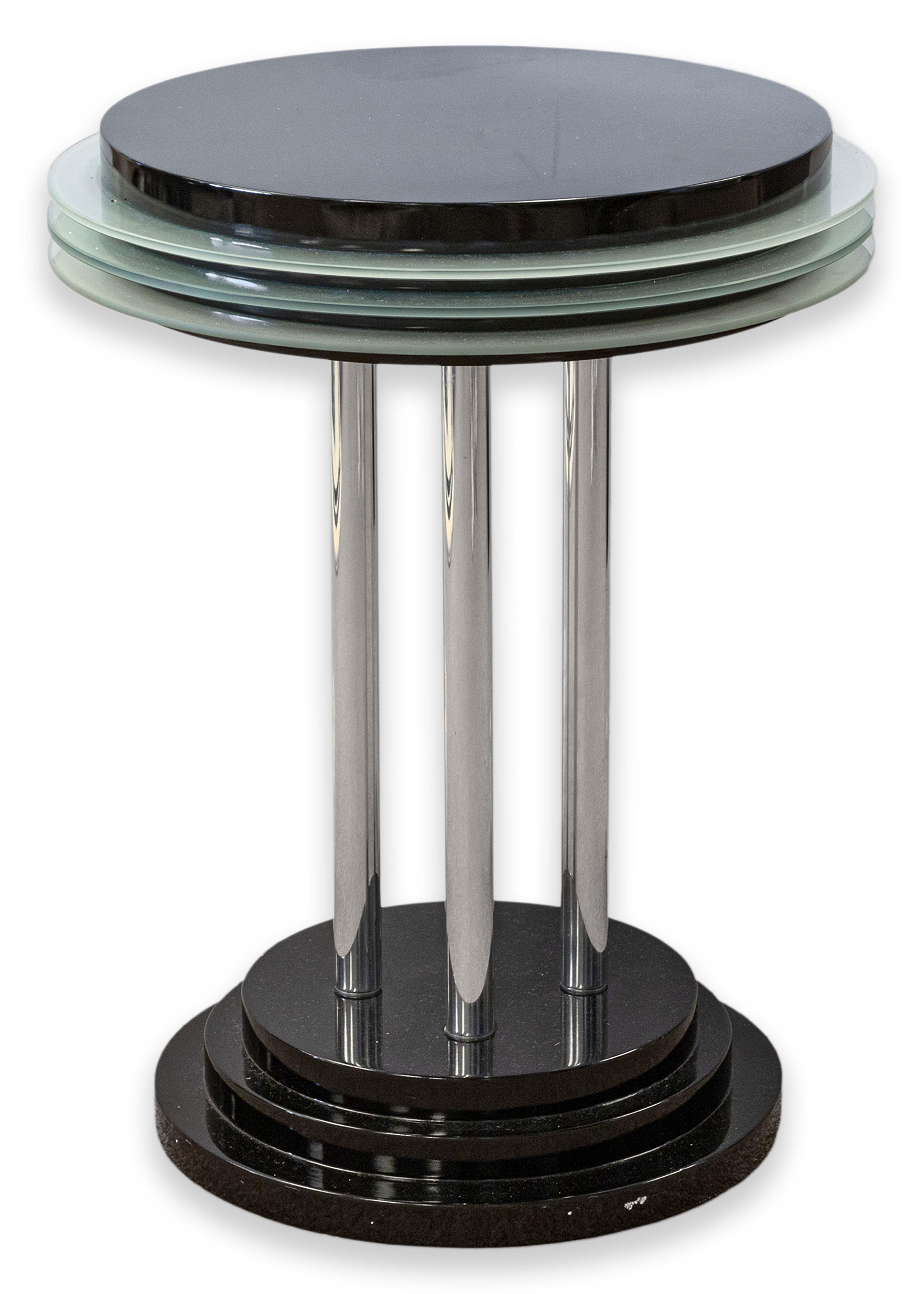 Postmodern Black Lacquer Chrome and Glass Round Circular Pedestal Side End Table 2