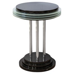 Postmodern Black Lacquer Chrome and Glass Round Circular Pedestal Side End Table