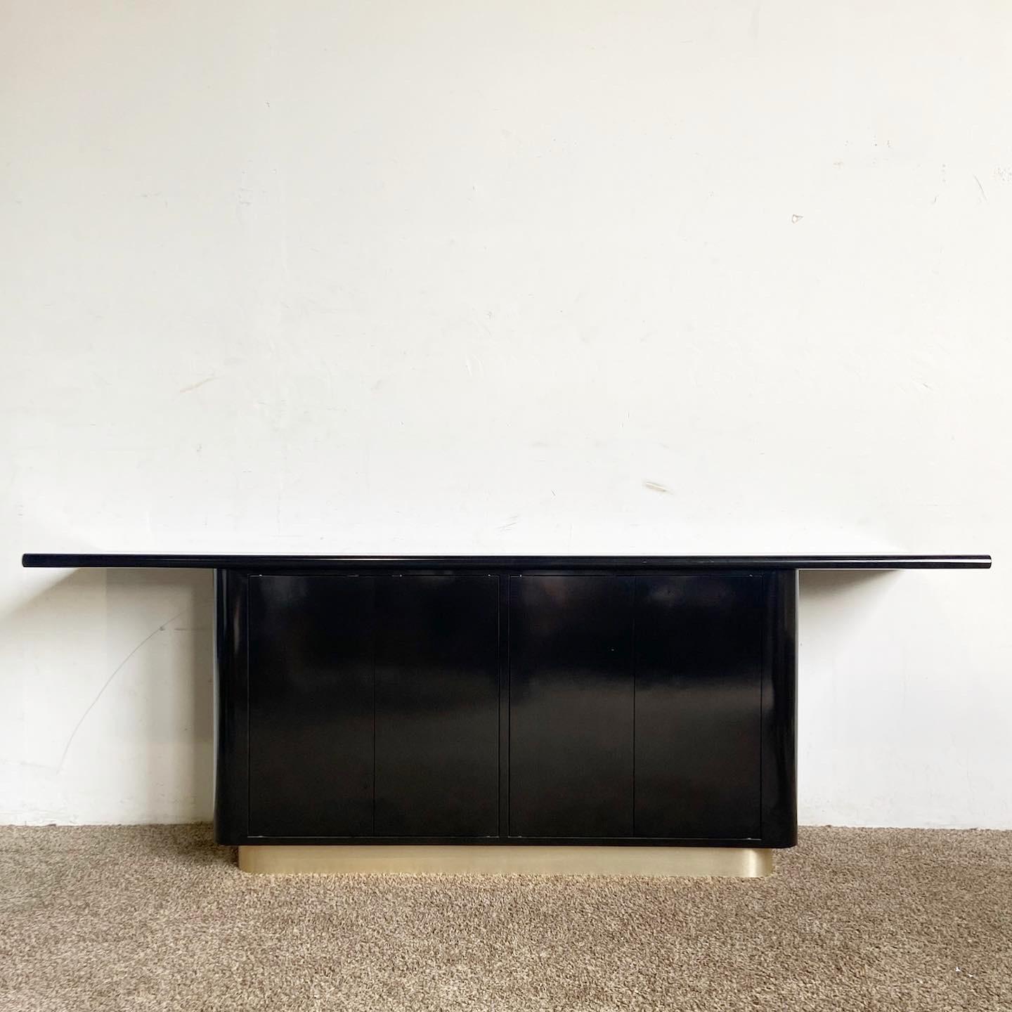 Postmodern Black Lacquer Laminate and Brushed Gold T Shaped Credenza For Sale 3