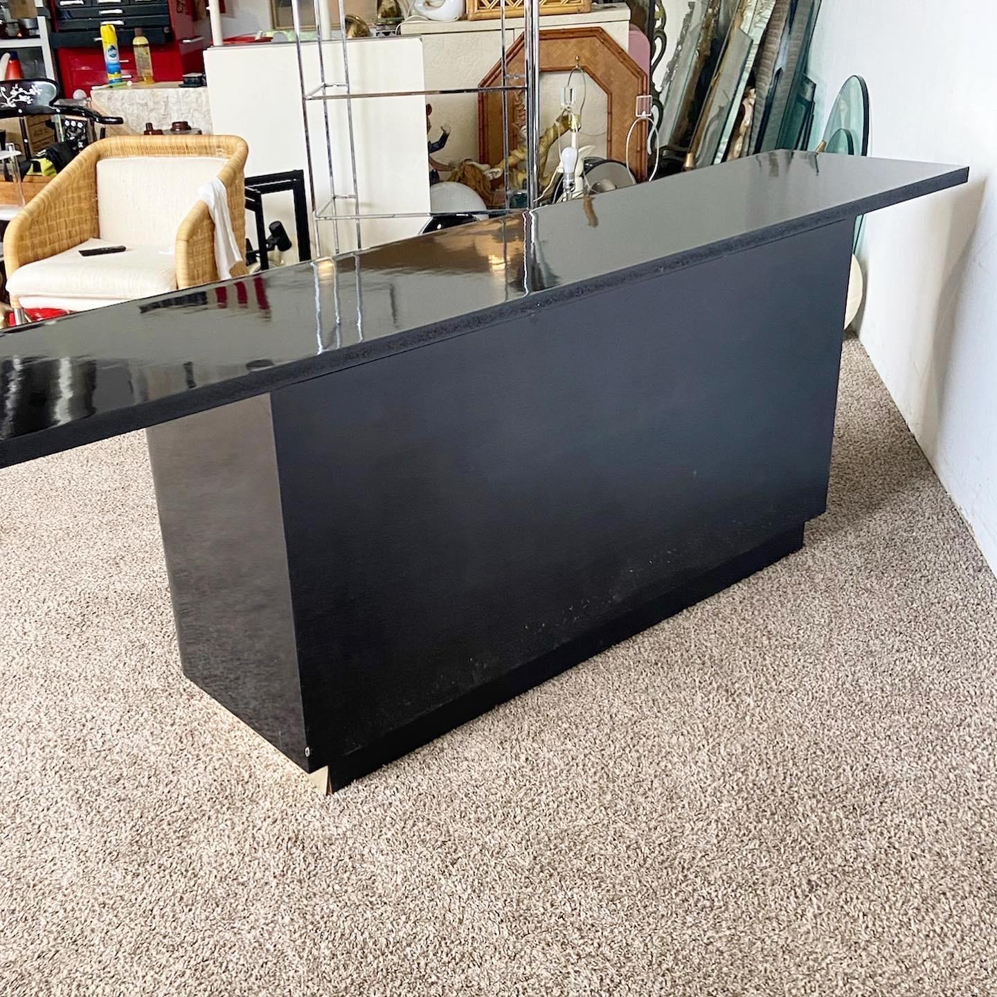 Post-Modern Postmodern Black Lacquer Laminate and Brushed Gold T Shaped Credenza For Sale