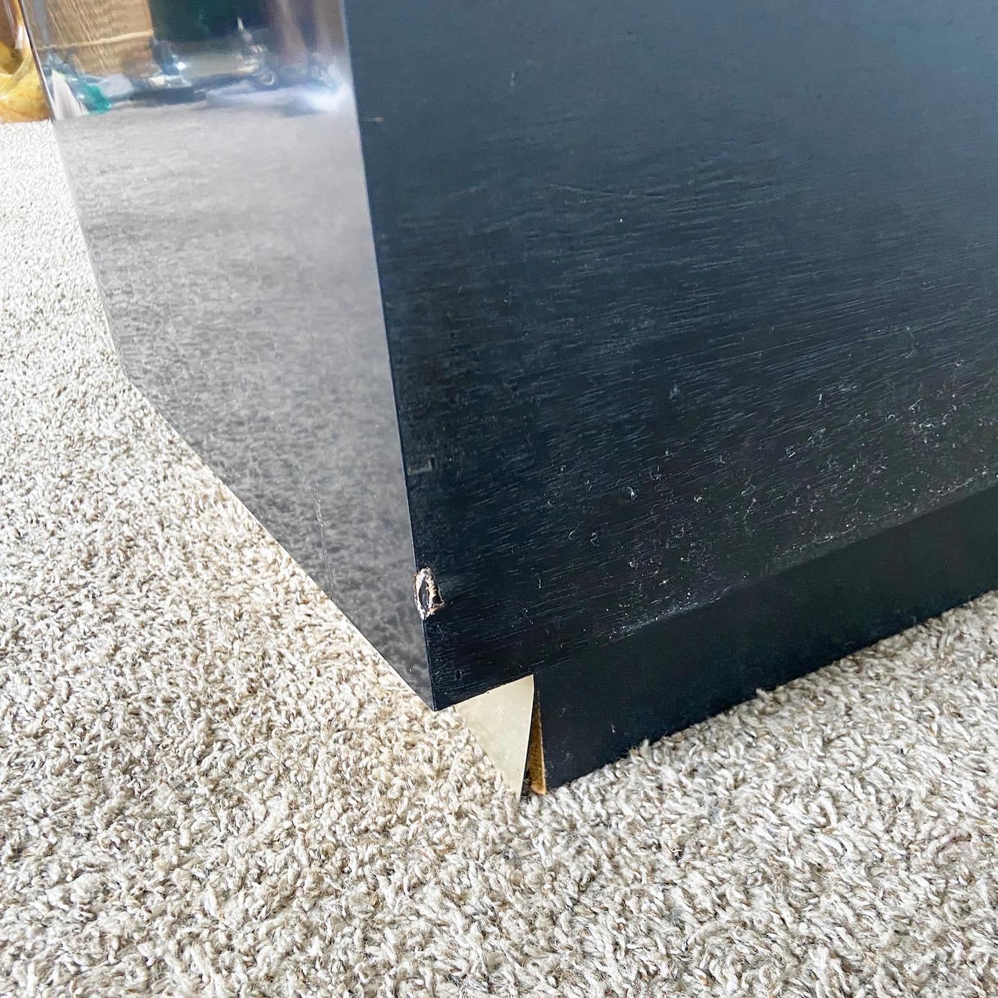 Postmodern Black Lacquer Laminate and Brushed Gold T Shaped Credenza In Good Condition For Sale In Delray Beach, FL