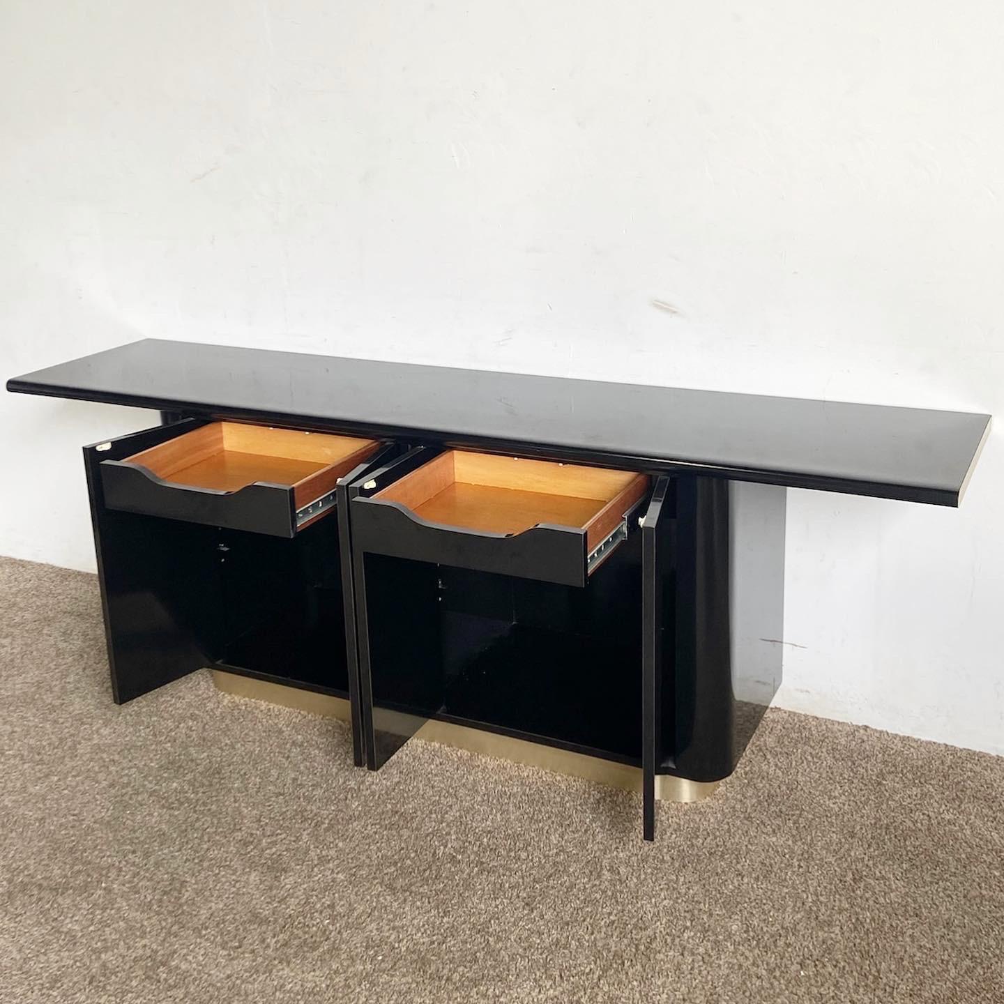 20th Century Postmodern Black Lacquer Laminate and Brushed Gold T Shaped Credenza For Sale