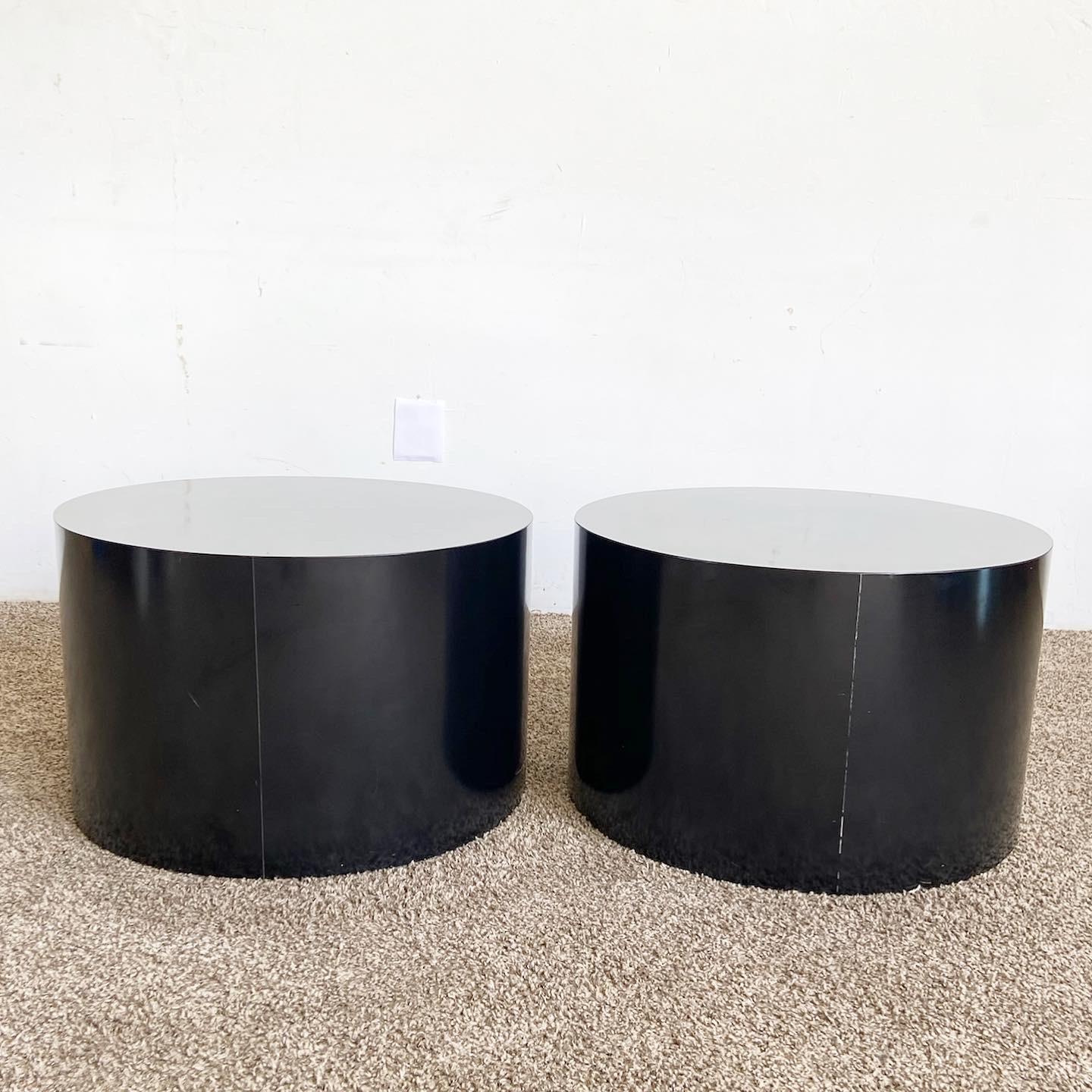 Post-Modern Postmodern Black Lacquer Laminate Drum Side Tables For Sale