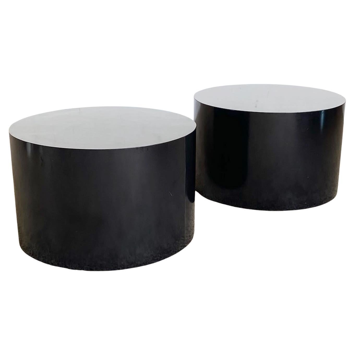 Postmodern Black Lacquer Laminate Drum Side Tables For Sale
