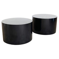 Postmodern Black Lacquer Laminate Drum Side Tables